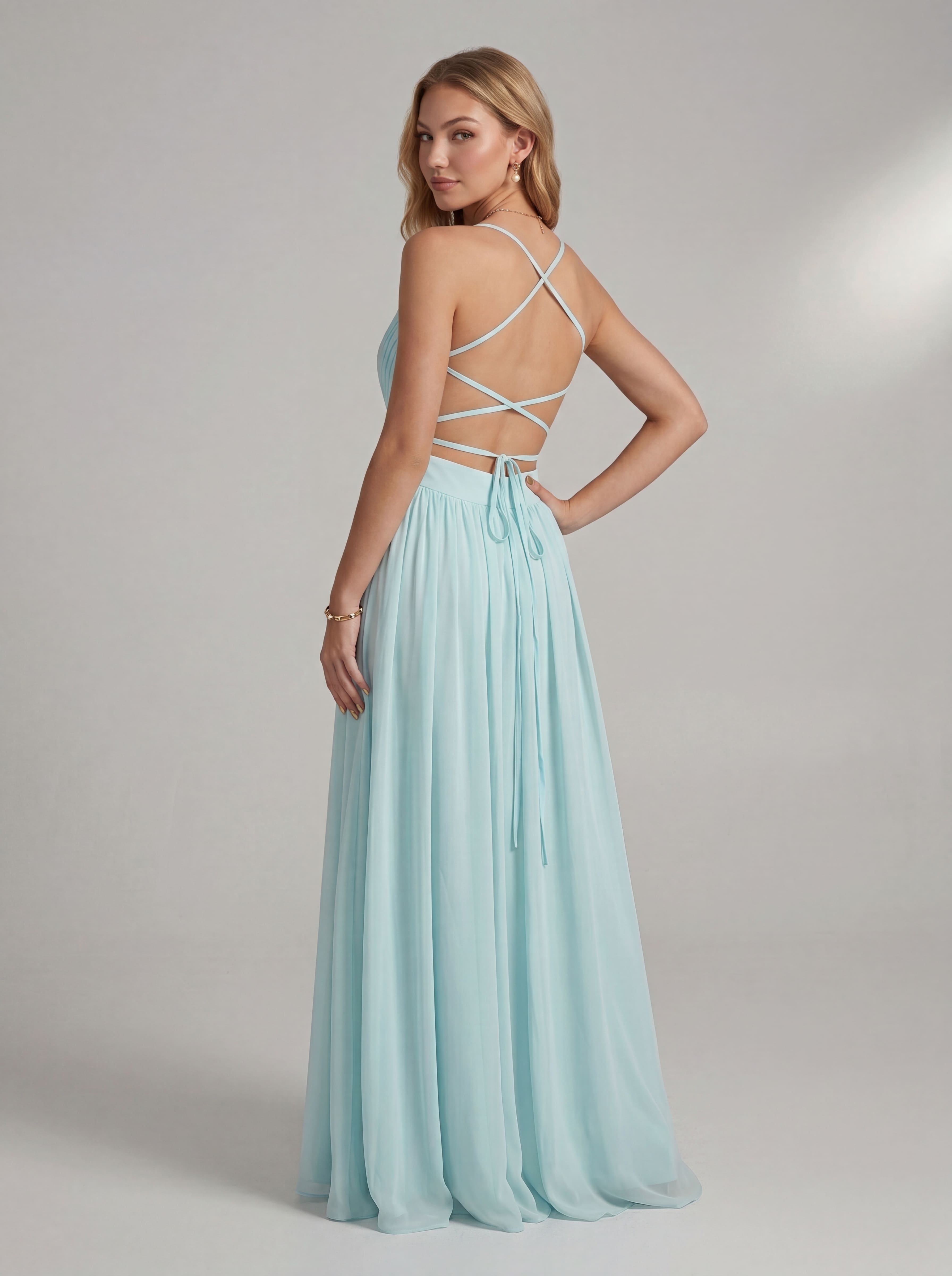 Ethereal Light Blue Chiffon Maxi Dress | V-Neck Pleated Bridesmaid & Prom Gown with Lace-Up Open Back