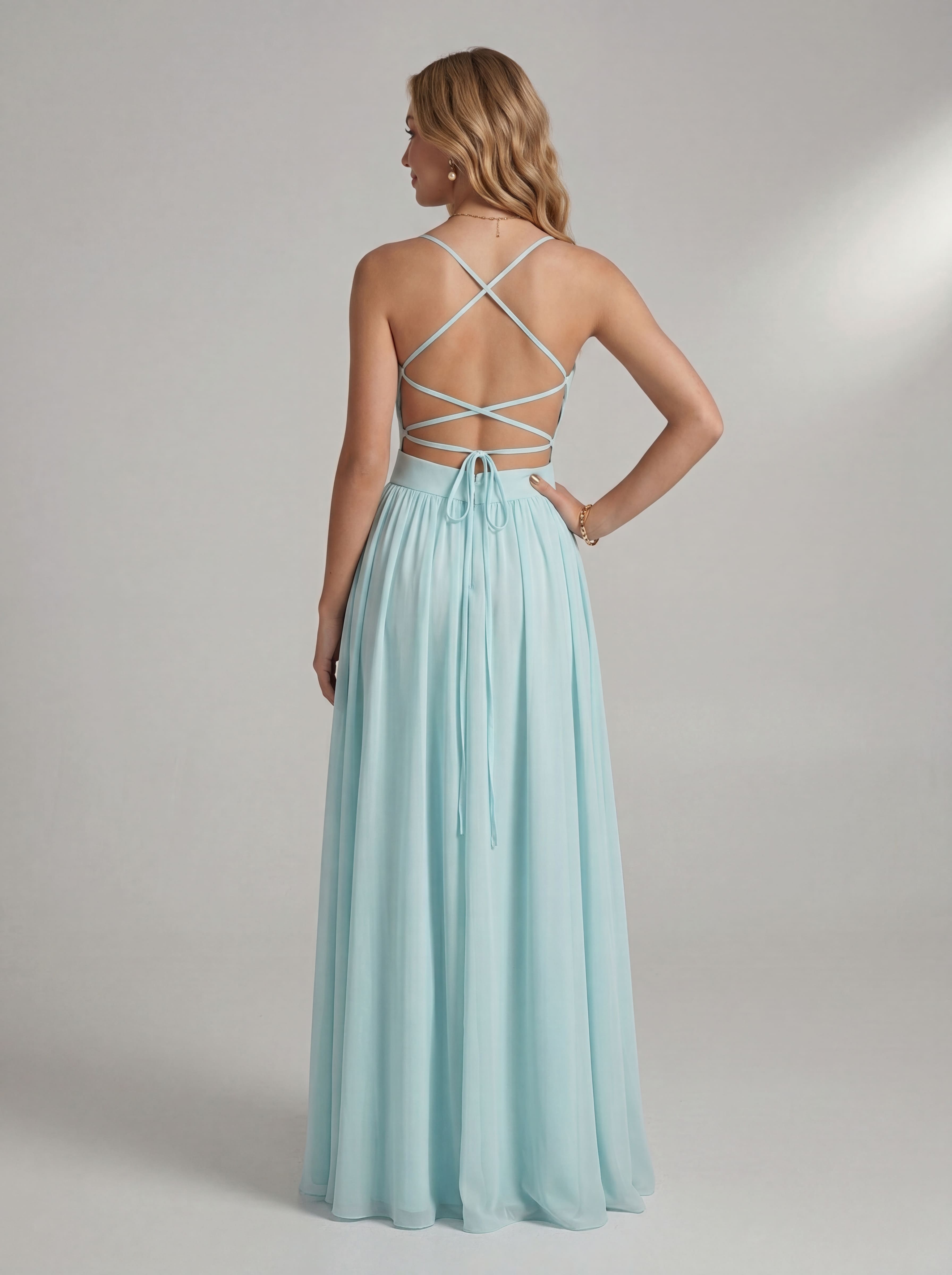 Ethereal Light Blue Chiffon Maxi Dress | V-Neck Pleated Bridesmaid & Prom Gown with Lace-Up Open Back