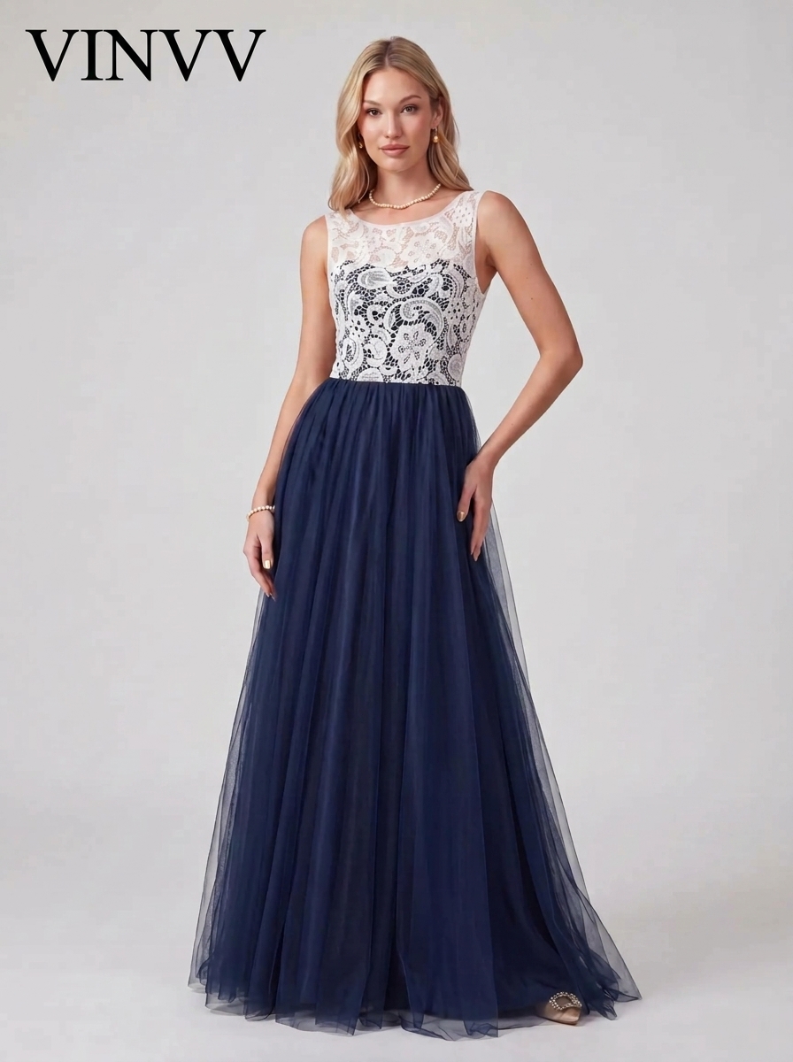 [Vinvv] Navy Blue and White Lace Evening Dress Long - Illusion Neck Tulle Prom Ball Gown with Cap Sleeves