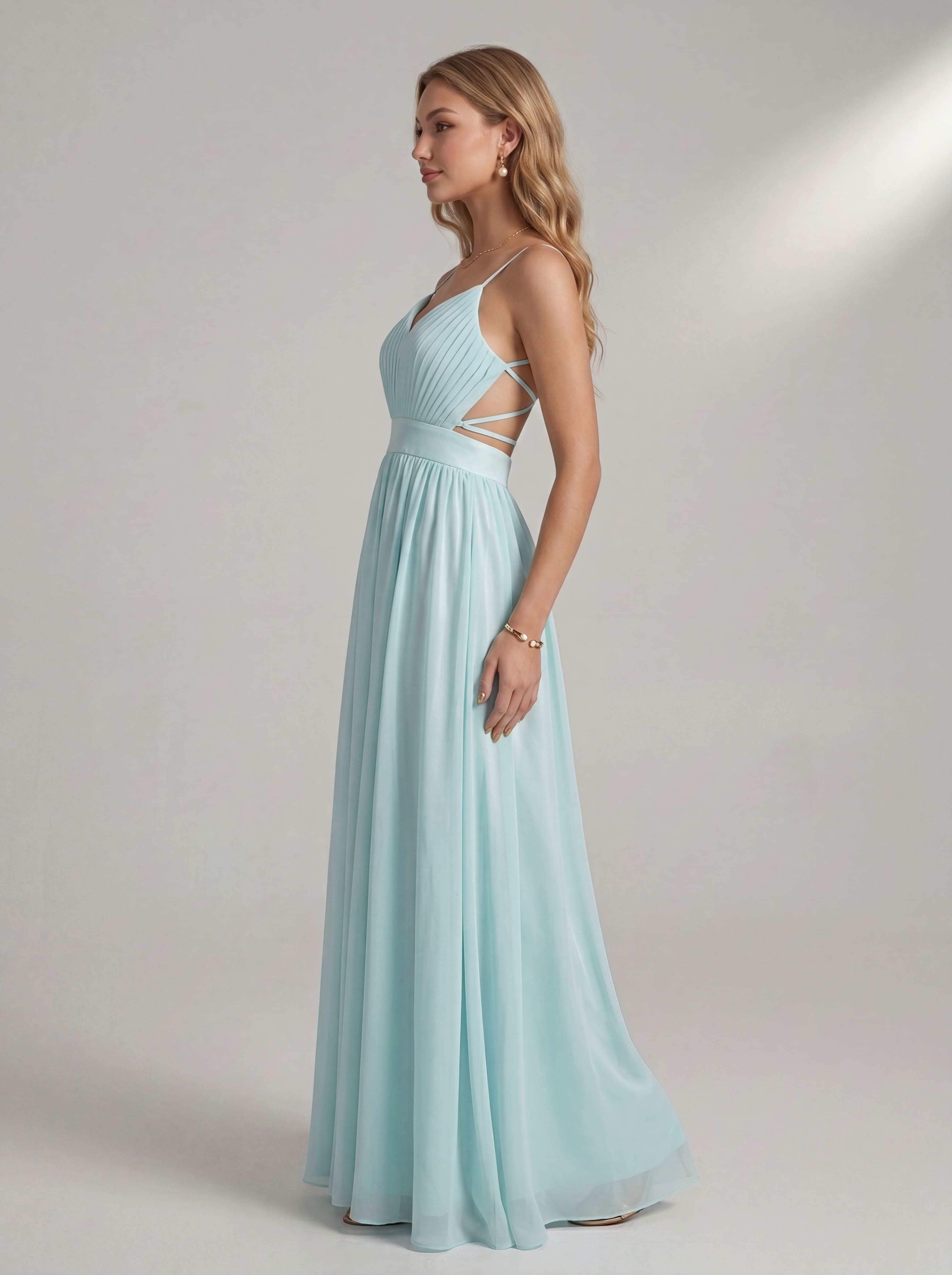 Ethereal Light Blue Chiffon Maxi Dress | V-Neck Pleated Bridesmaid & Prom Gown with Lace-Up Open Back