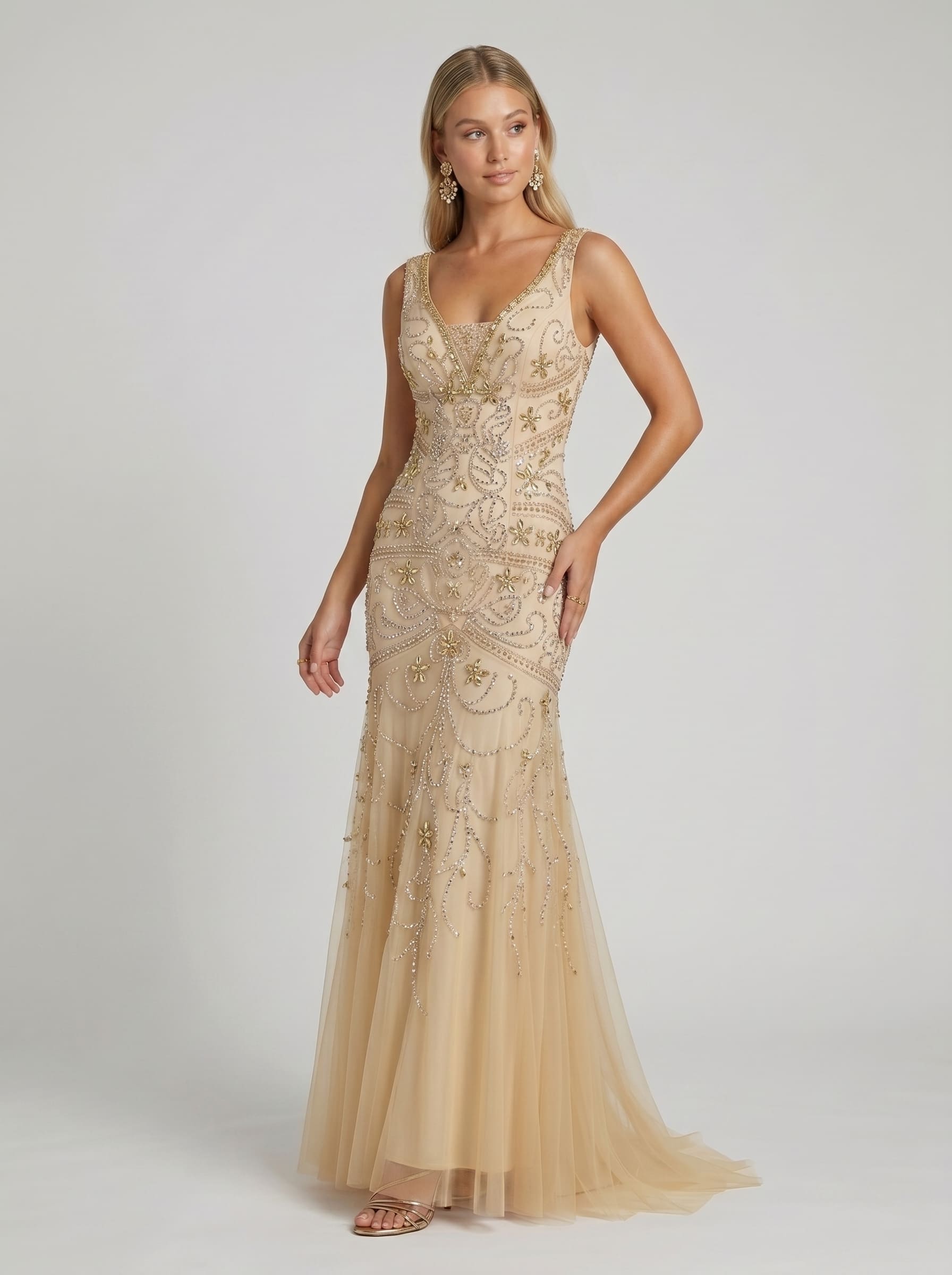 Luxury Sequin Mermaid Evening Dress - Formal Deep V-Neck Prom Gown with Baroque Beaded Embroidery