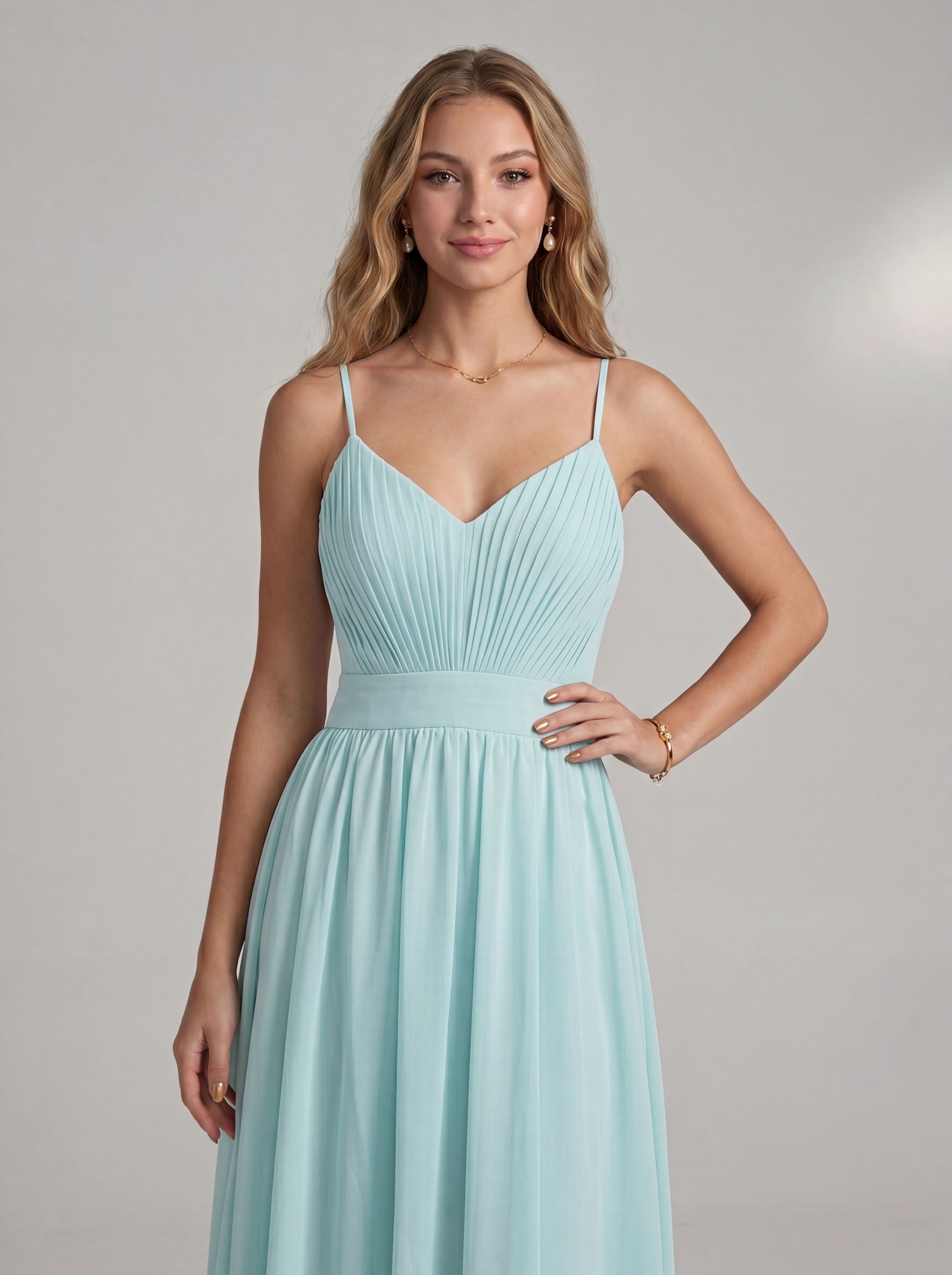 Ethereal Light Blue Chiffon Maxi Dress | V-Neck Pleated Bridesmaid & Prom Gown with Lace-Up Open Back