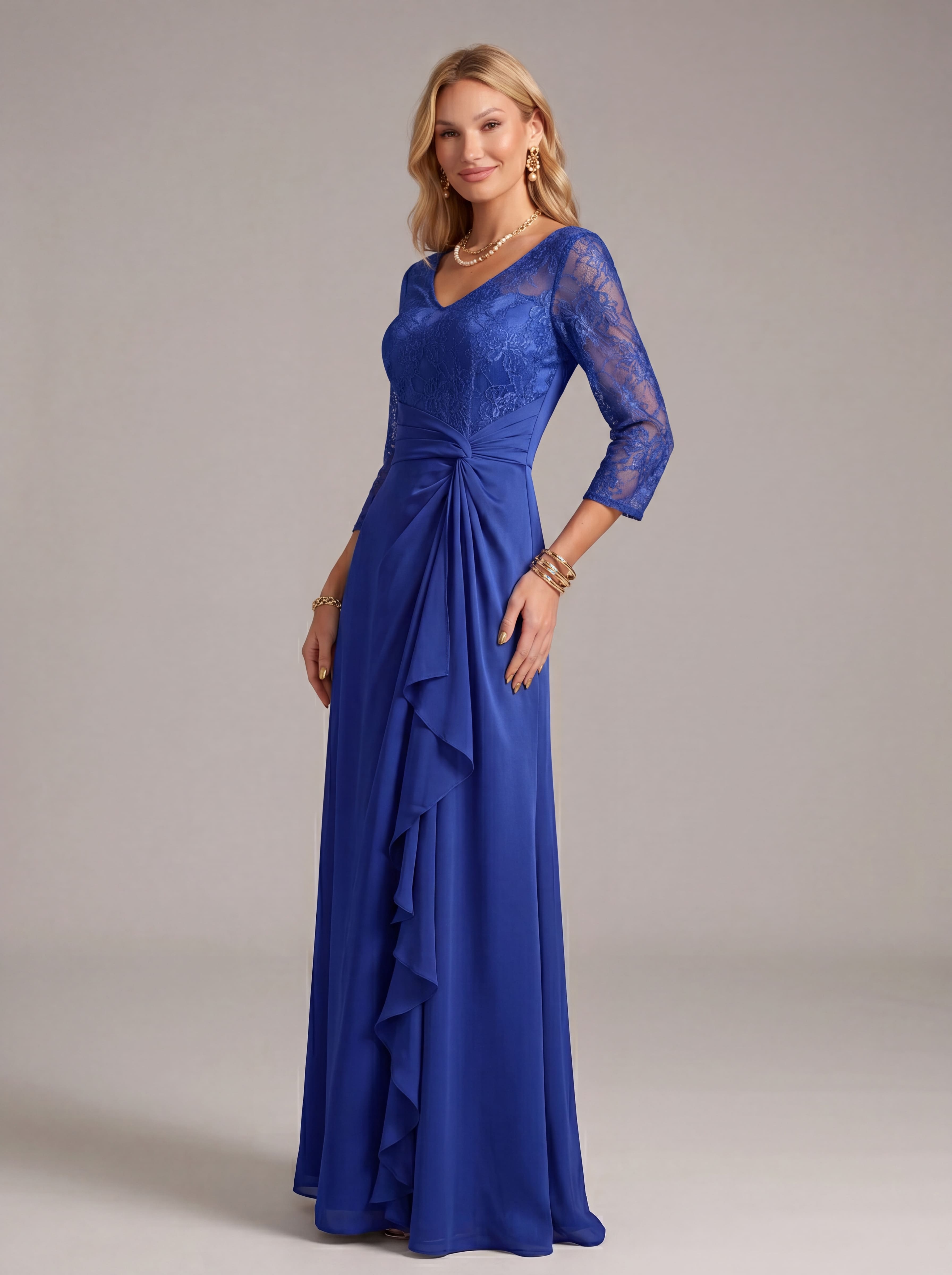 Elegant 3/4 Sleeve Lace Bodice Chiffon Maxi Dress | Ruched Waist Formal Evening Gown