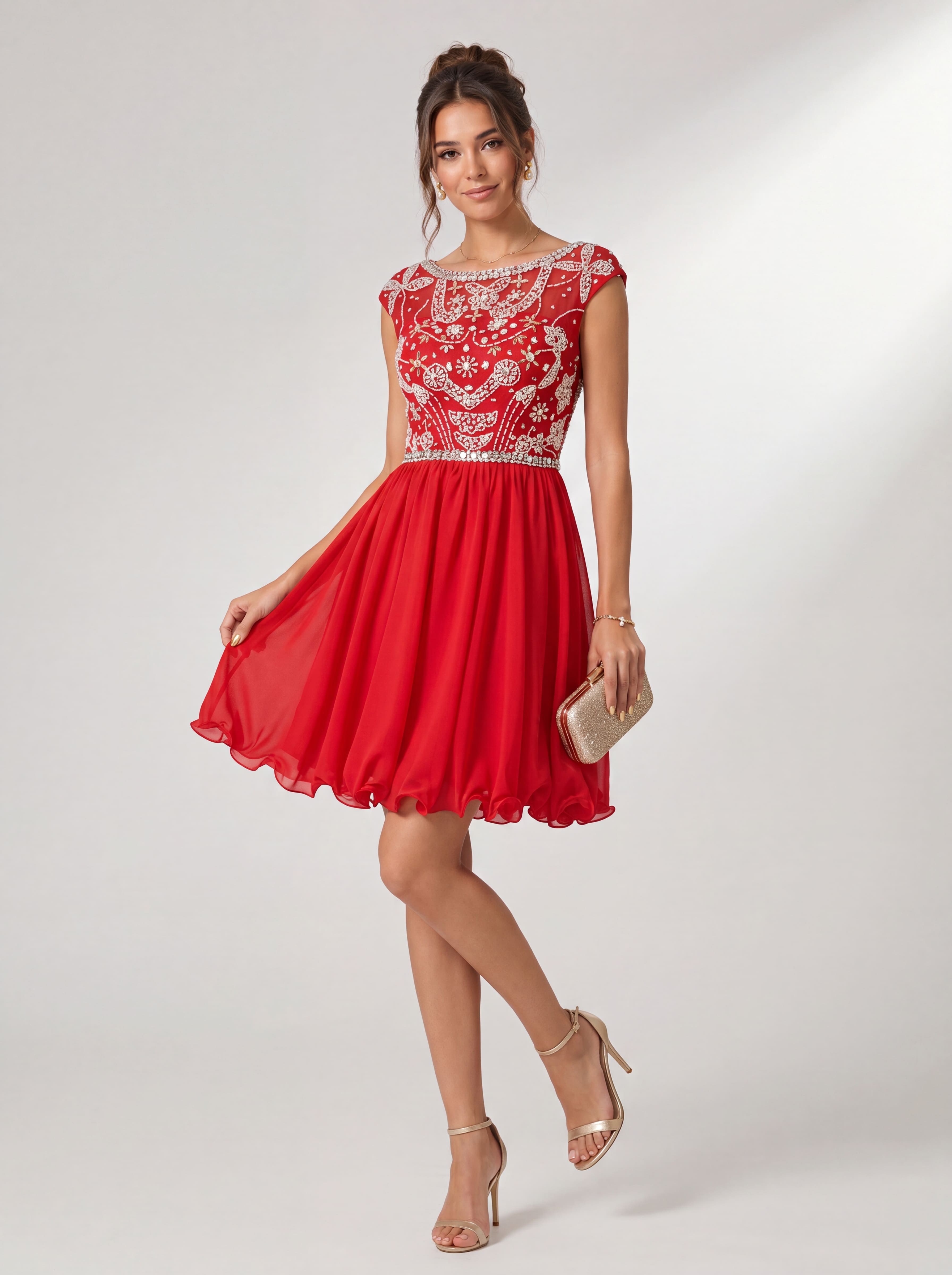 Sparkling Sequin Homecoming Dress Short - Illusion Neck Beaded Prom Gown with Chiffon Skirt