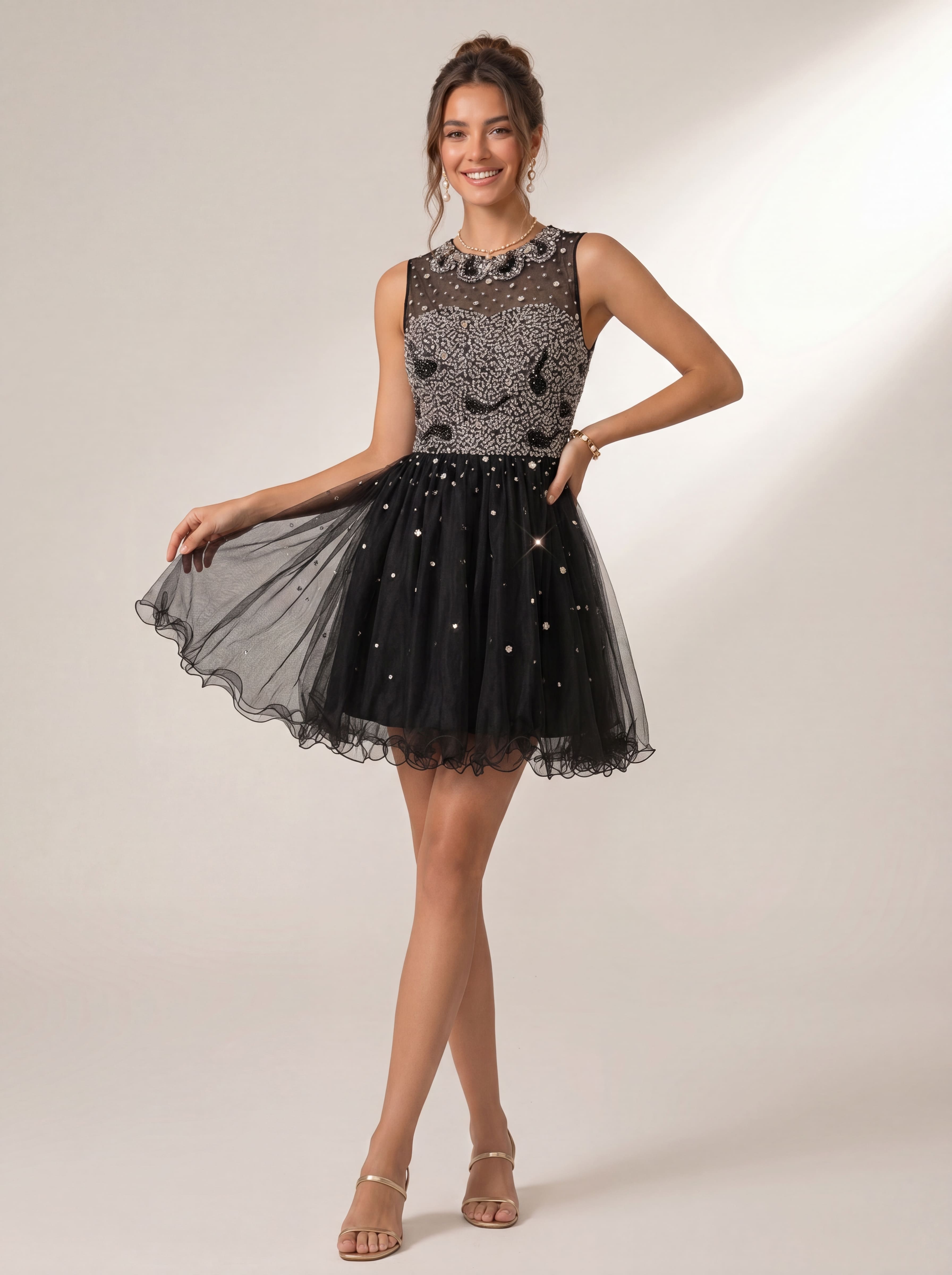 Sparkling Sequin Homecoming Dress - Illusion High Neck Short Prom Gown with Glitter Tulle Skirt