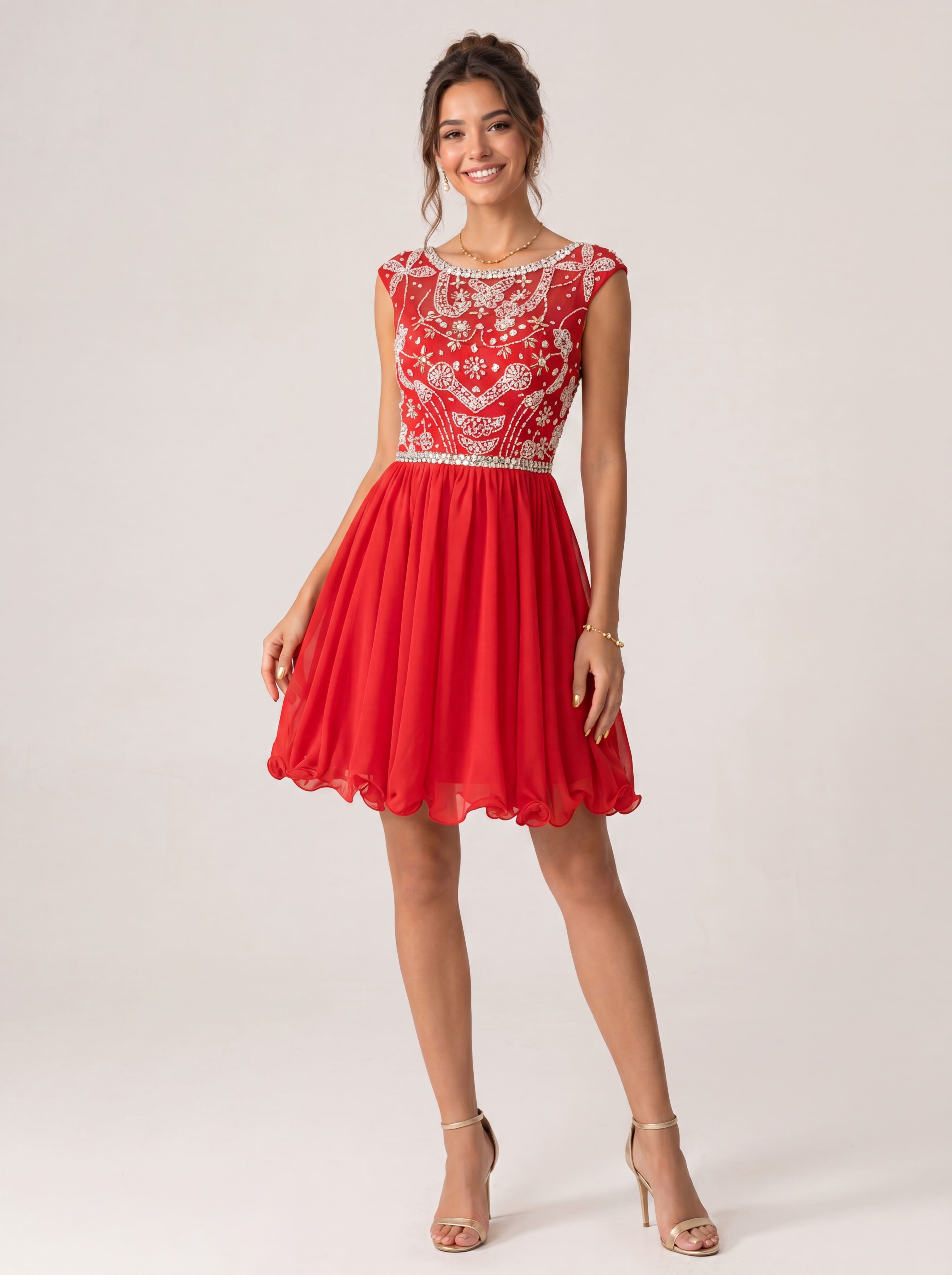 Sparkling Sequin Homecoming Dress Short - Illusion Neck Beaded Prom Gown with Chiffon Skirt
