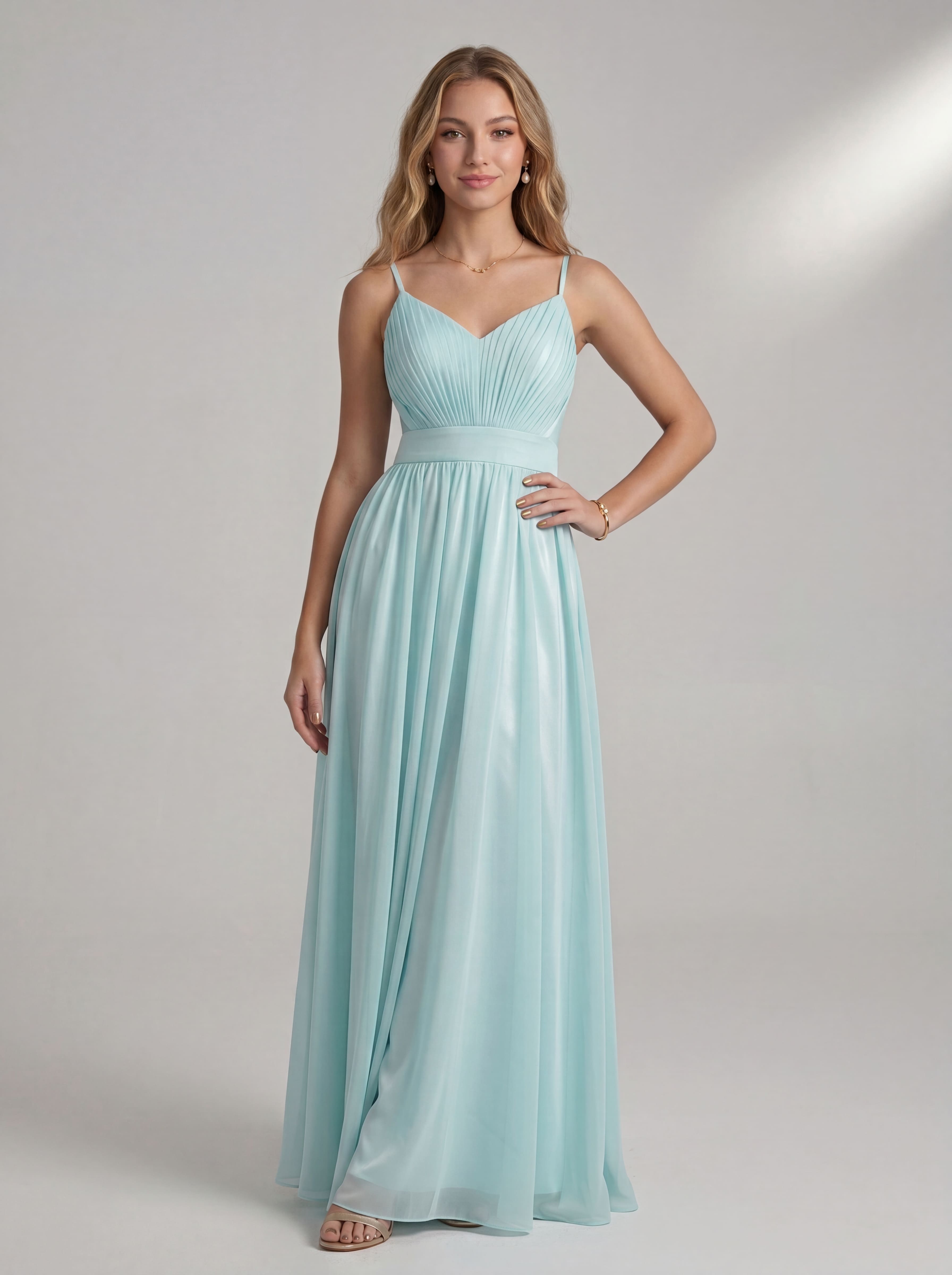 Ethereal Light Blue Chiffon Maxi Dress | V-Neck Pleated Bridesmaid & Prom Gown with Lace-Up Open Back