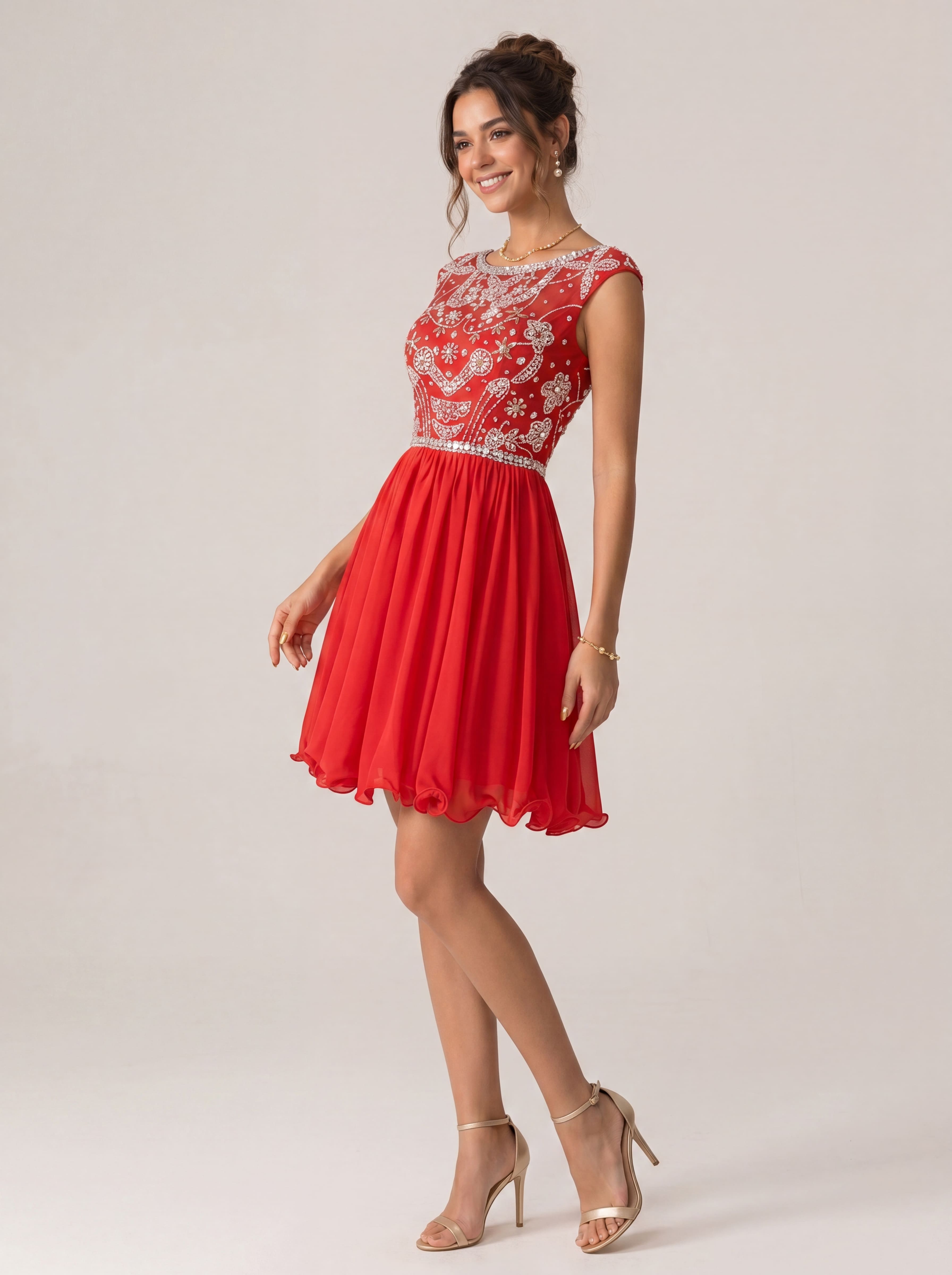 Sparkling Sequin Homecoming Dress Short - Illusion Neck Beaded Prom Gown with Chiffon Skirt
