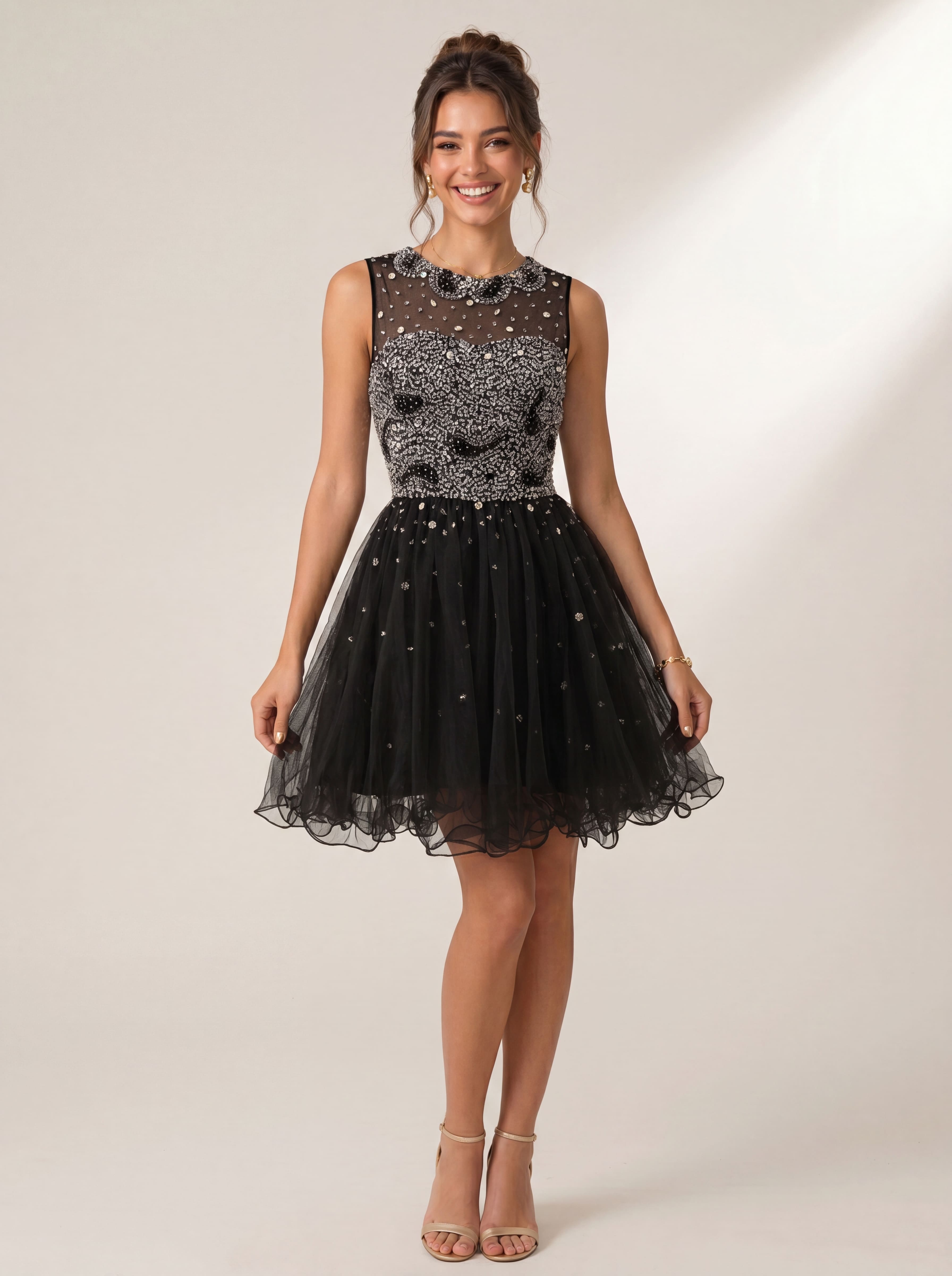 Sparkling Sequin Homecoming Dress - Illusion High Neck Short Prom Gown with Glitter Tulle Skirt