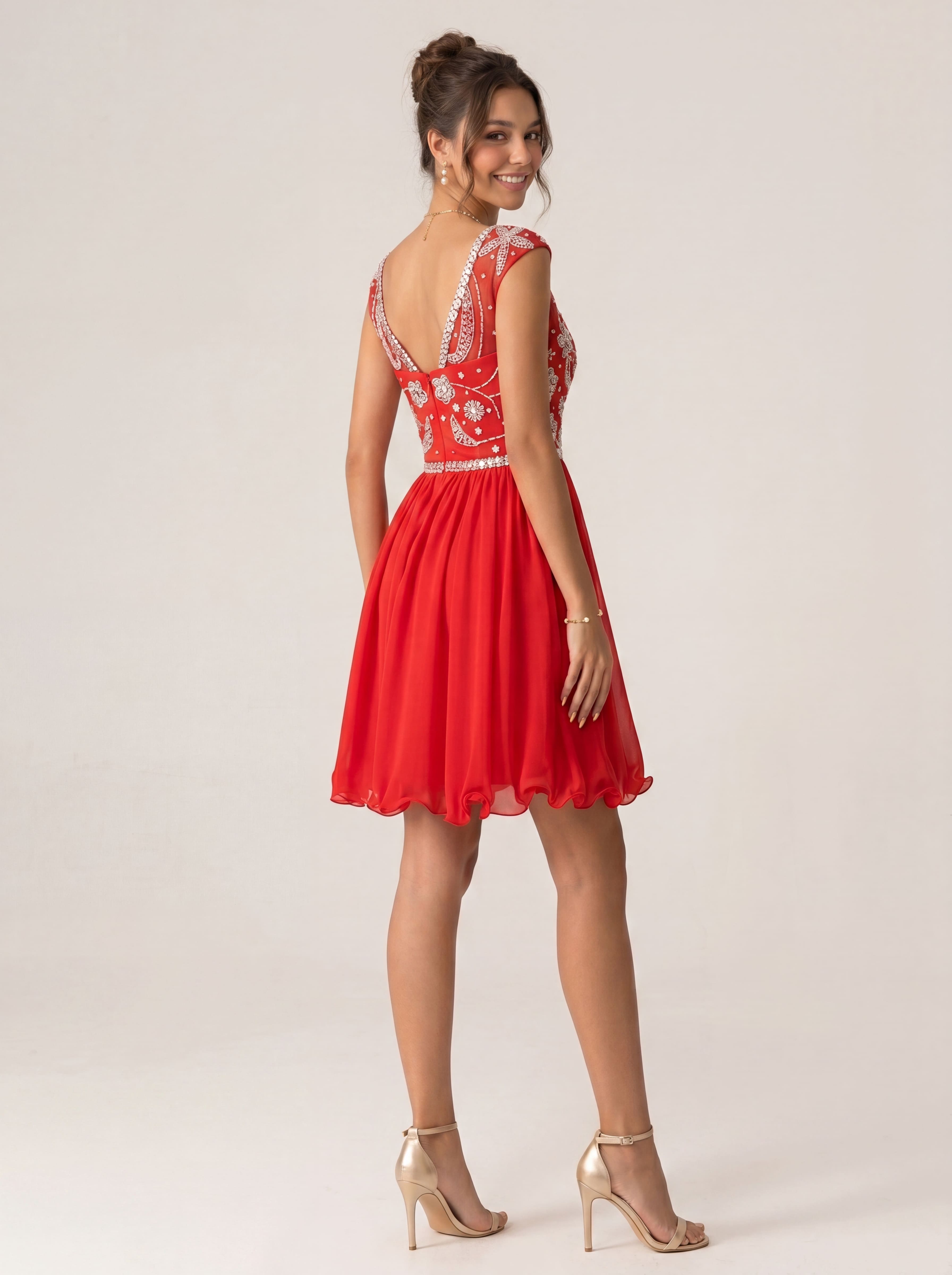 Sparkling Sequin Homecoming Dress Short - Illusion Neck Beaded Prom Gown with Chiffon Skirt