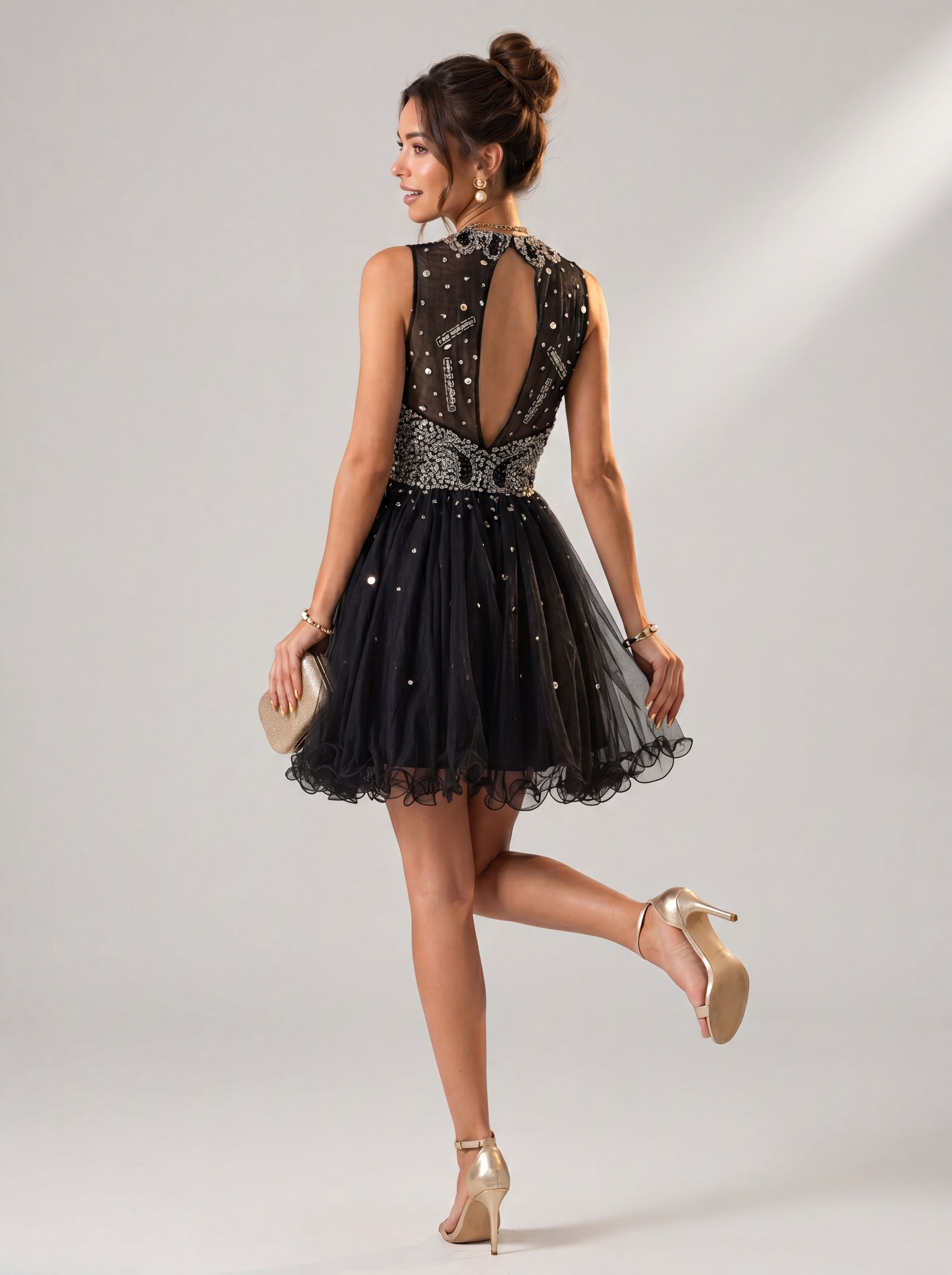 Sparkling Sequin Homecoming Dress - Illusion High Neck Short Prom Gown with Glitter Tulle Skirt