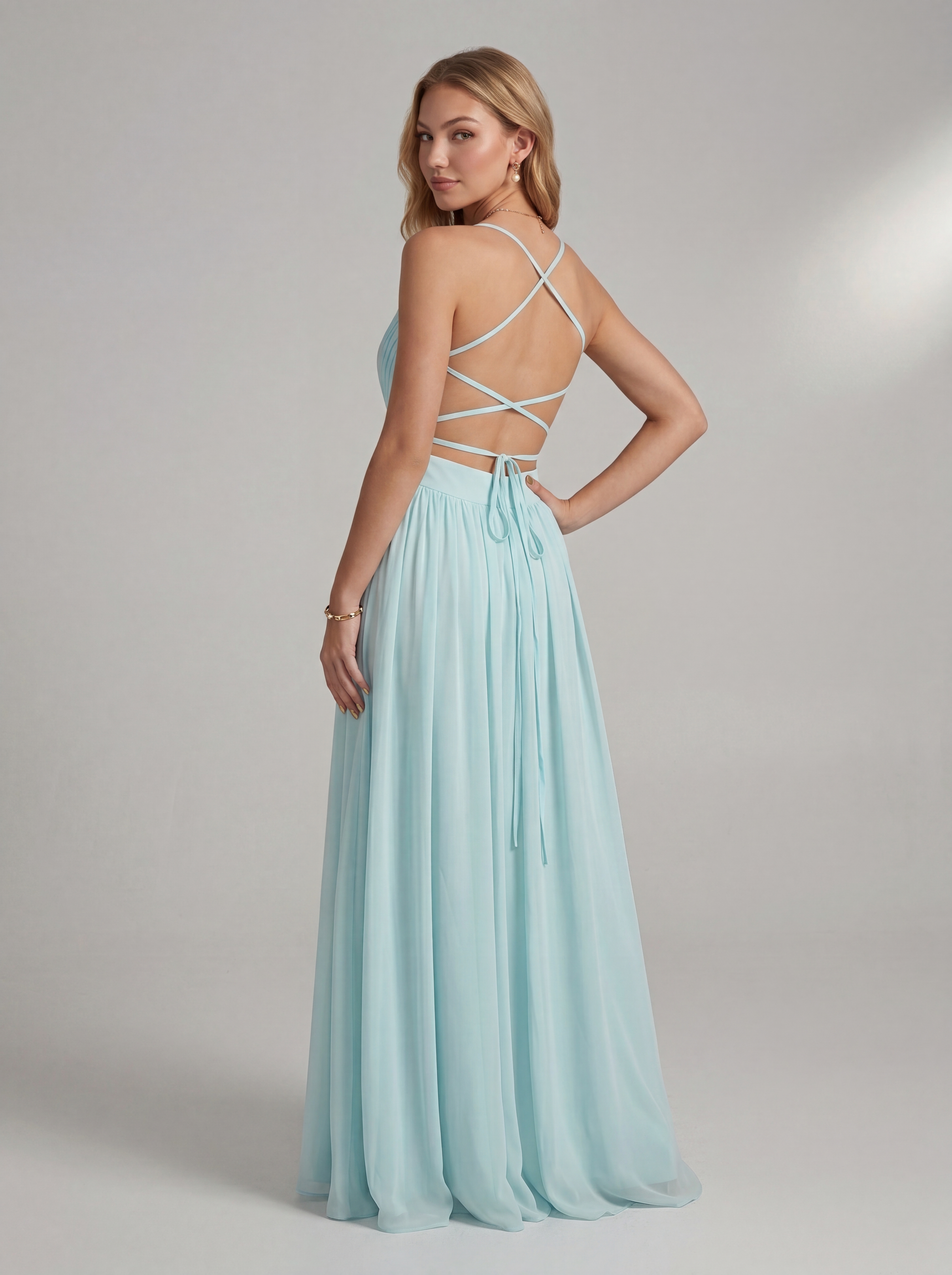 Ethereal Light Blue Chiffon Maxi Dress | V-Neck Pleated Bridesmaid & Prom Gown with Lace-Up Open Back