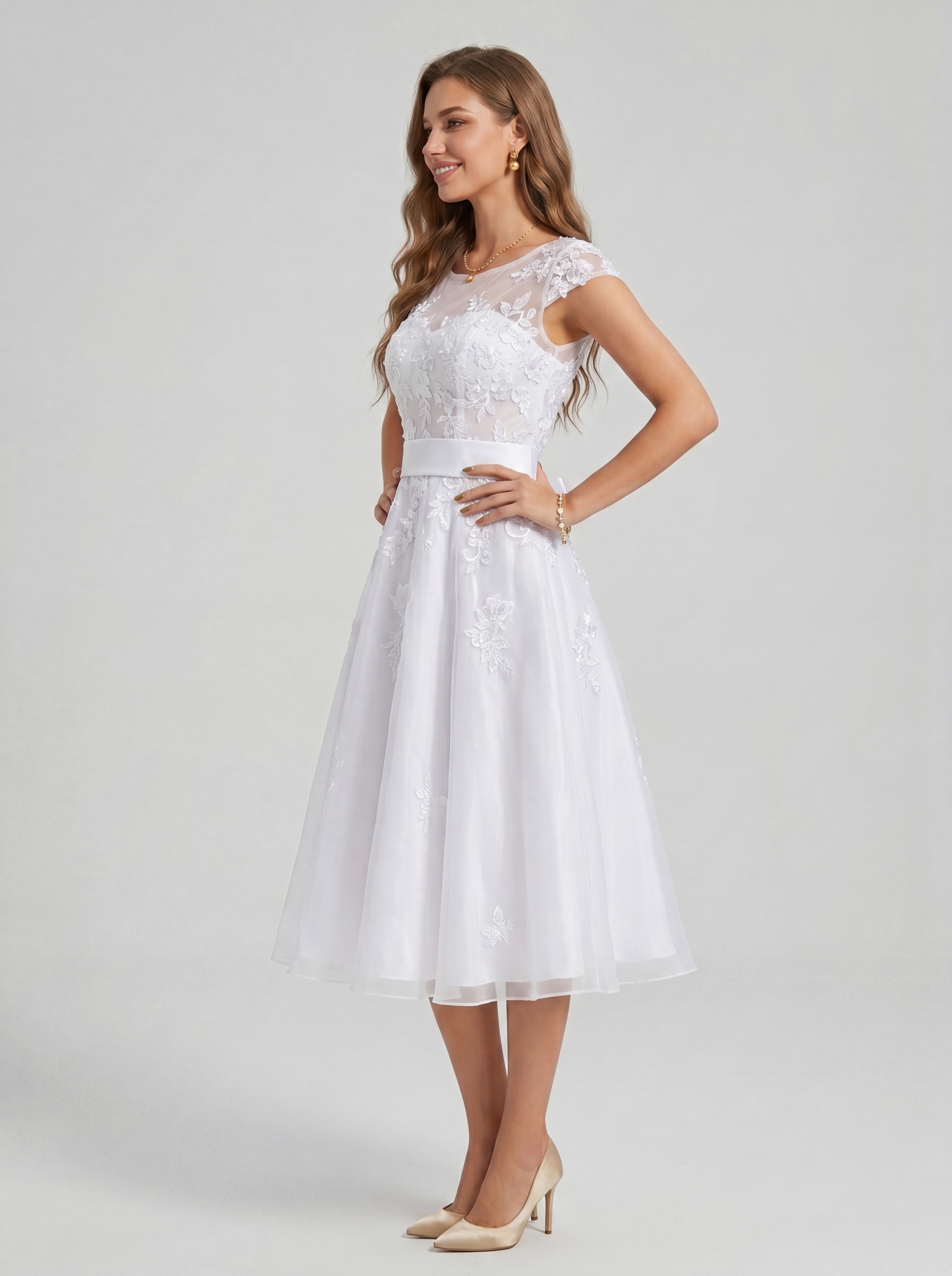 Elegant Floral Lace Applique Tulle Mini Dress | Illusion Neckline Cap Sleeve A-Line Short Party Gown