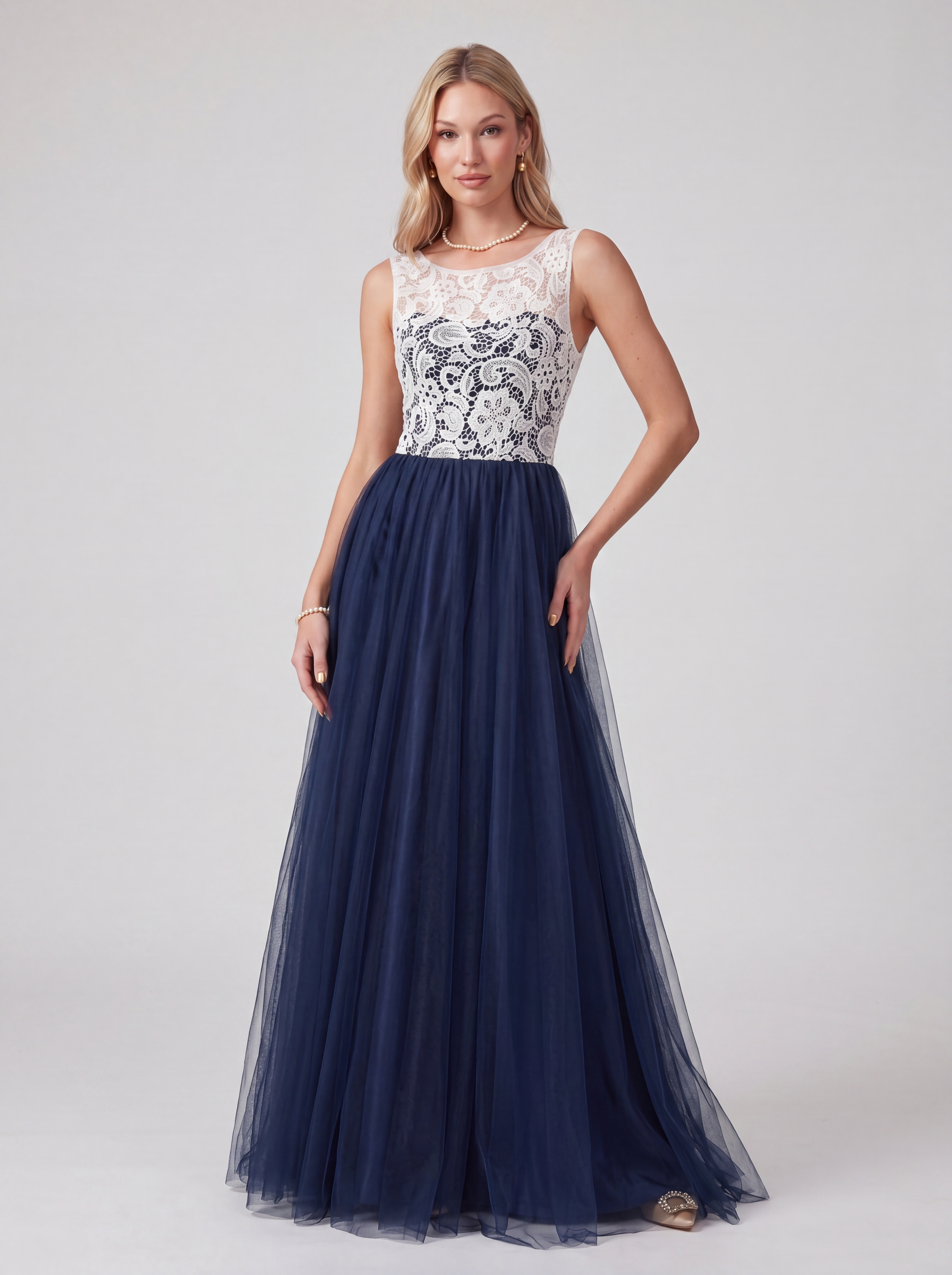 Navy Blue and White Lace Evening Dress Long - Illusion Neck Tulle Prom Ball Gown with Cap Sleeves
