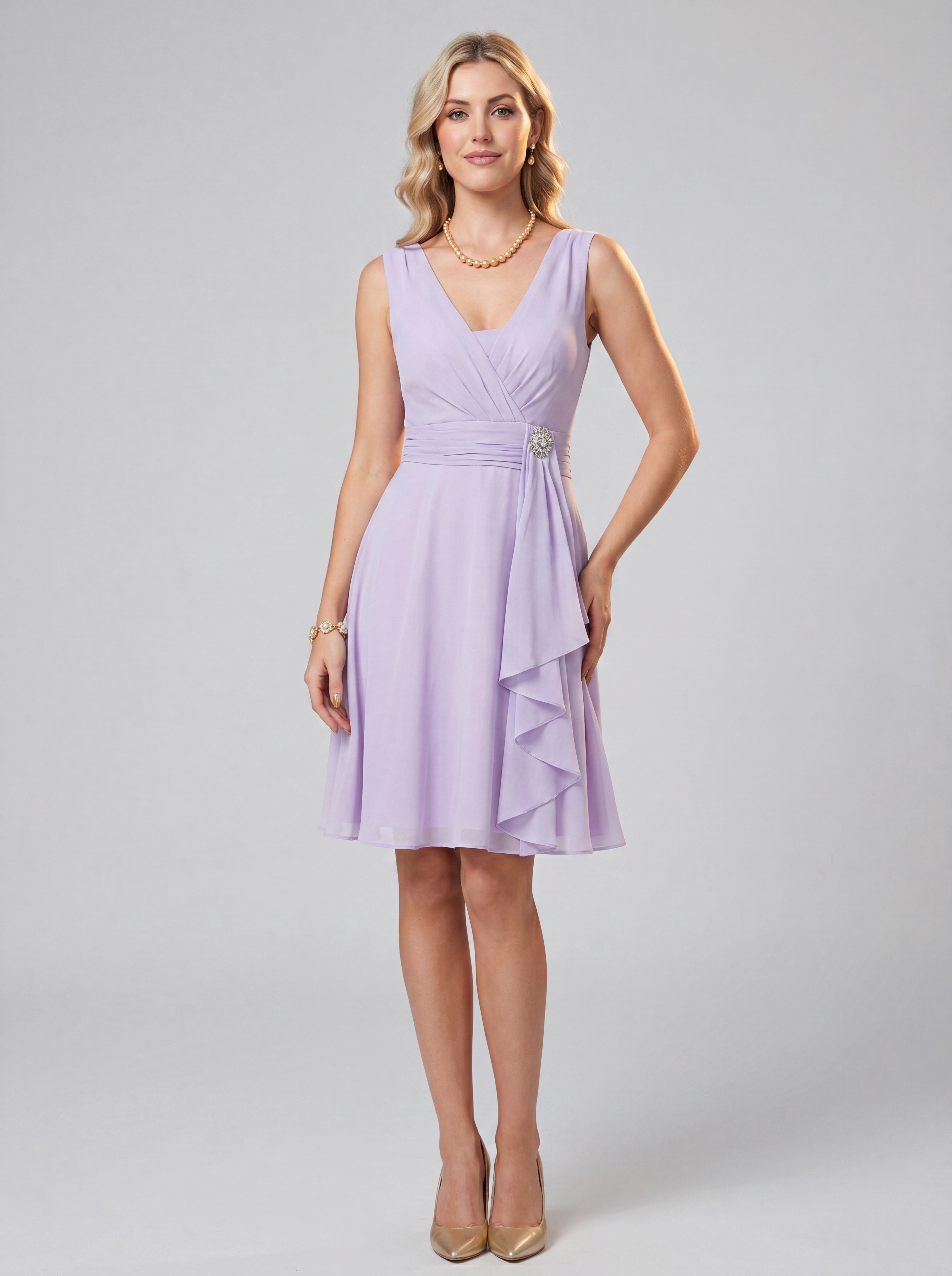 Lilac V-Neck Chiffon Bridesmaid Dress - Knee Length Elegant Wedding Guest Dress with Ruffle Detail