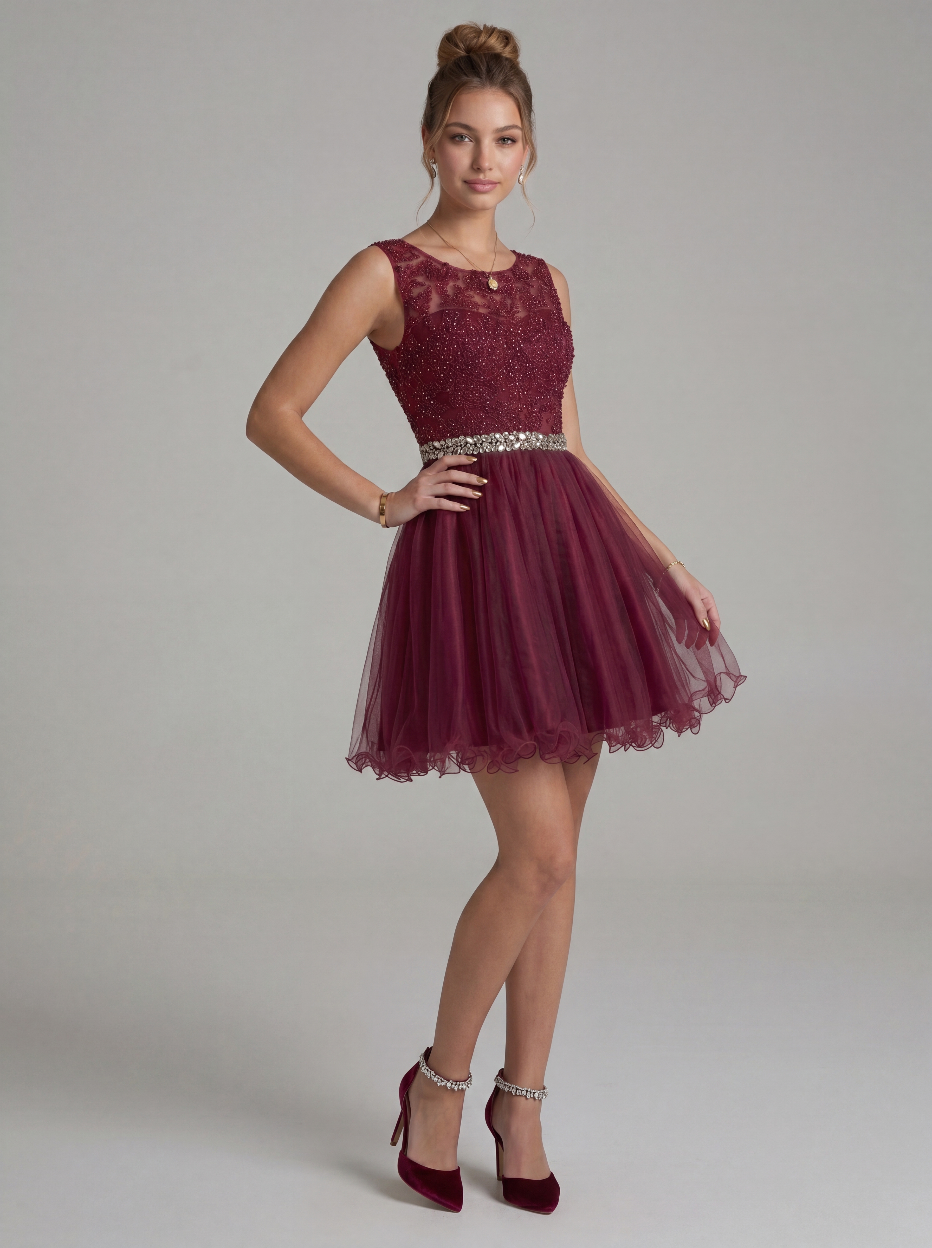 Elegant Burgundy Beaded Tulle Homecoming Dress | Heart Cutout Open Back Short Prom & Cocktail Party Gown