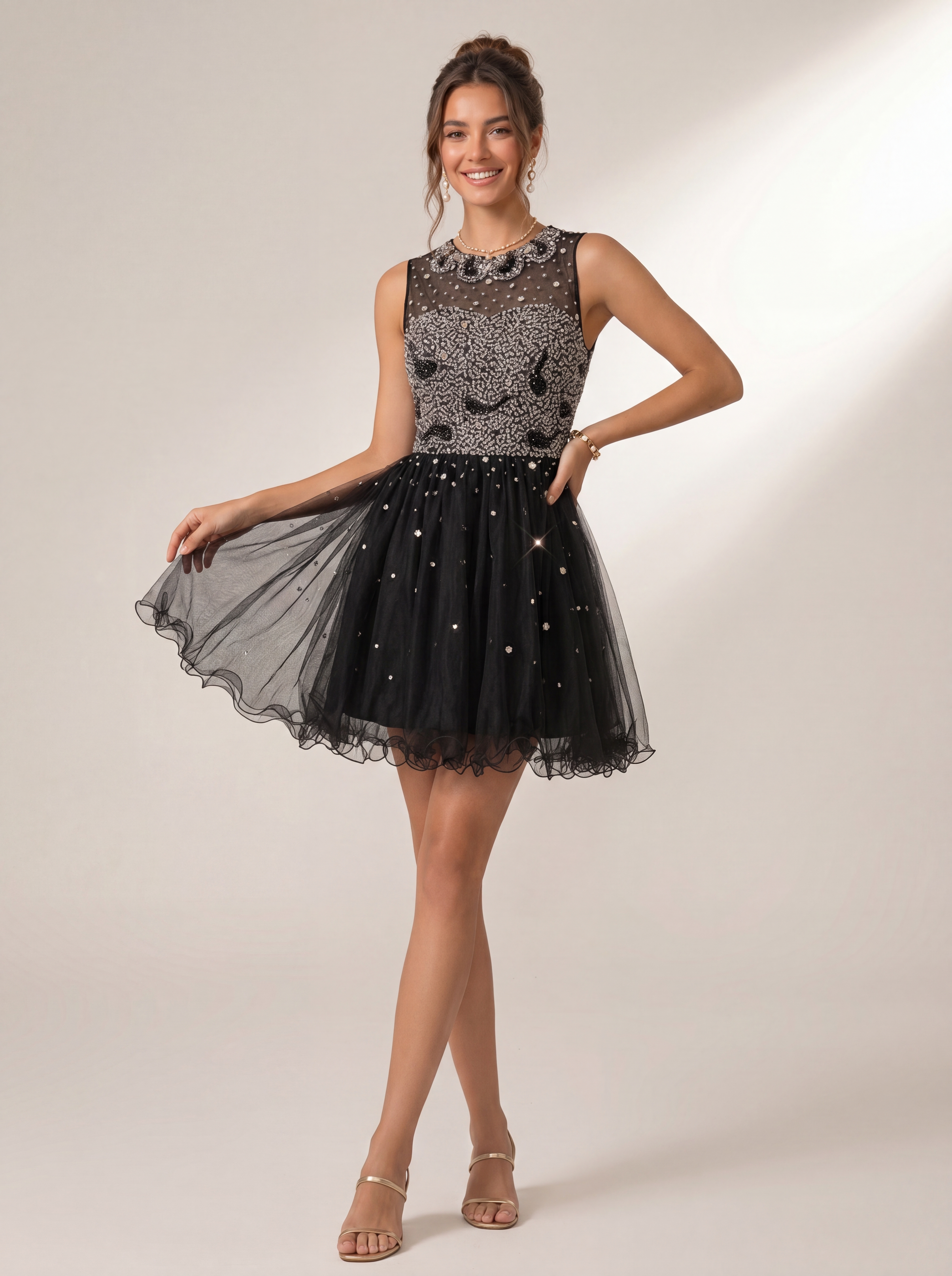 Sparkling Sequin Homecoming Dress - Illusion High Neck Short Prom Gown with Glitter Tulle Skirt