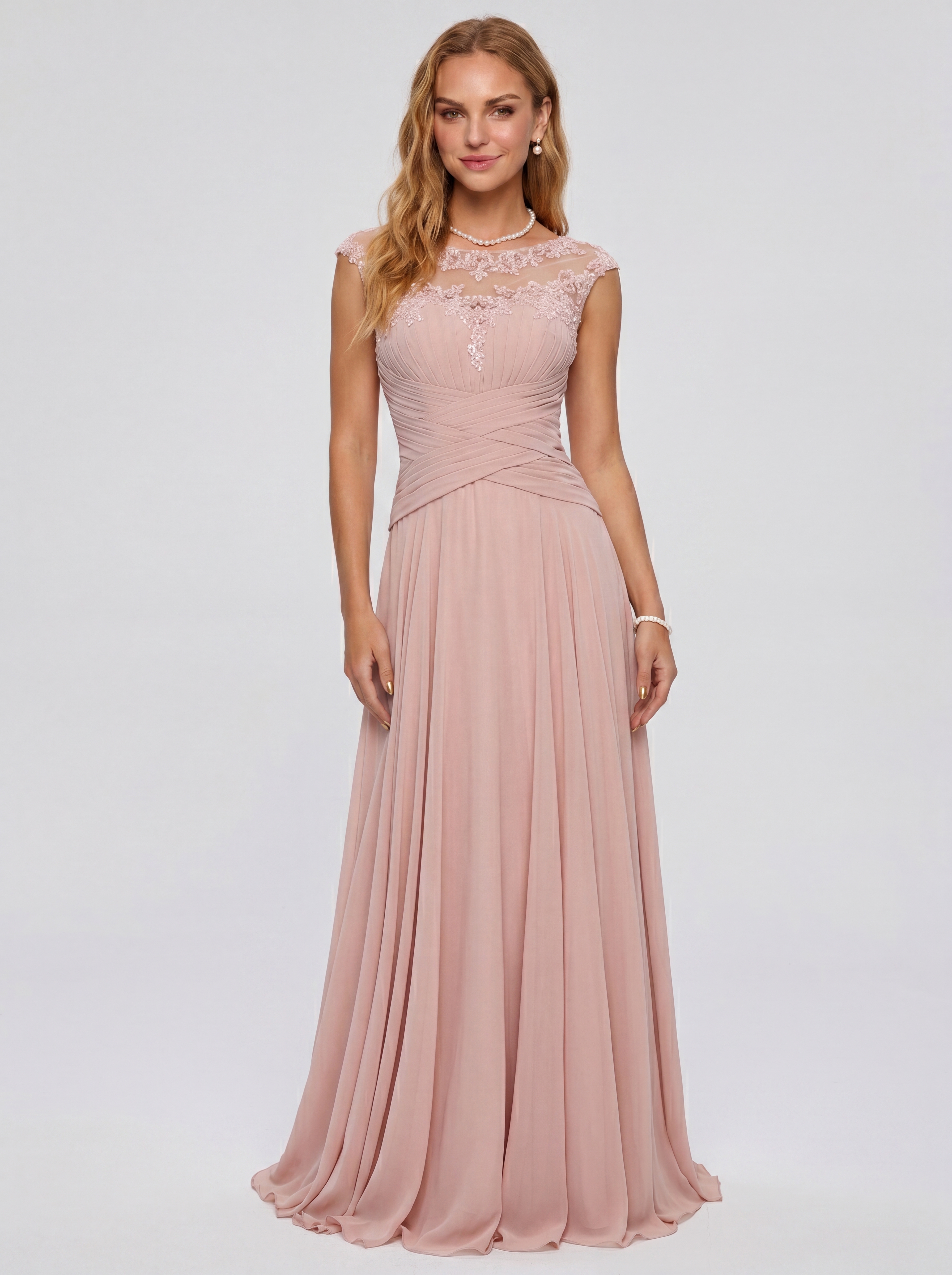 Elegant Cap Sleeve Illusion Neckline Maxi Dress - Ruched Waist Chiffon Formal Evening Gown for Wedding Guest, Bridesmaid & Prom
