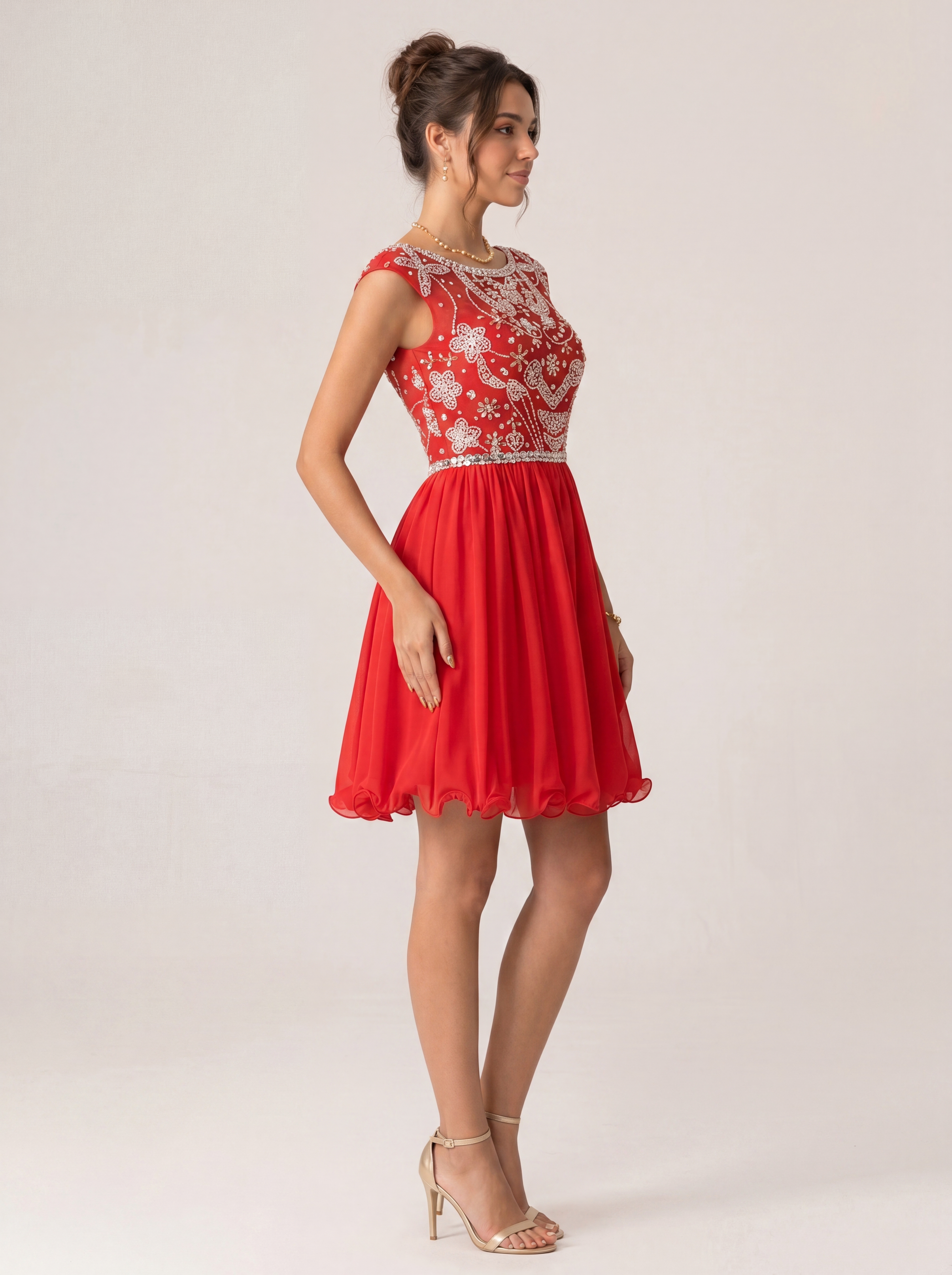 Sparkling Sequin Homecoming Dress Short - Illusion Neck Beaded Prom Gown with Chiffon Skirt