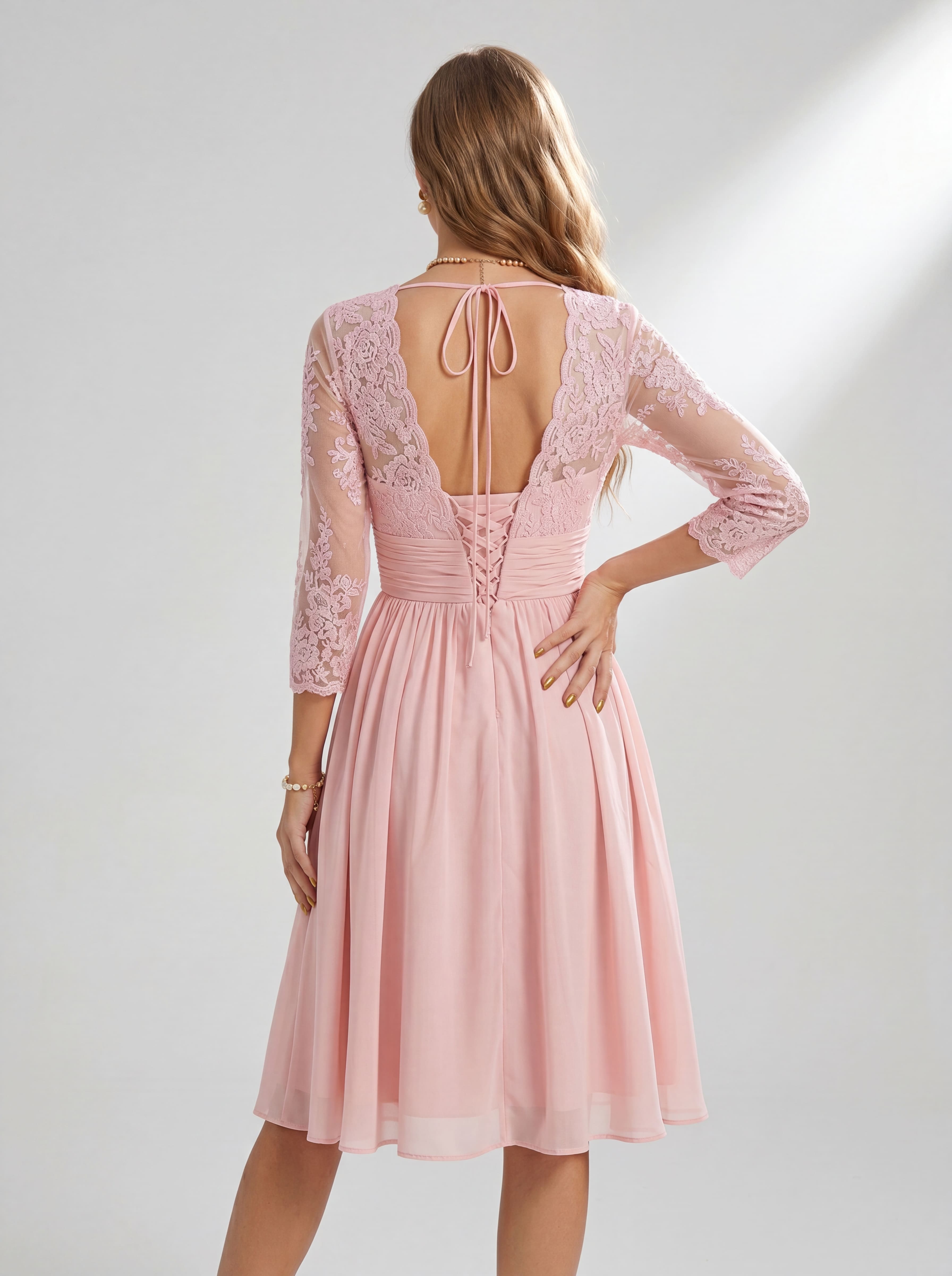 Floral Lace V-Neck Cocktail Dress - 3/4 Sleeve Mother of the Bride Midi Gown with Ruched Waistband