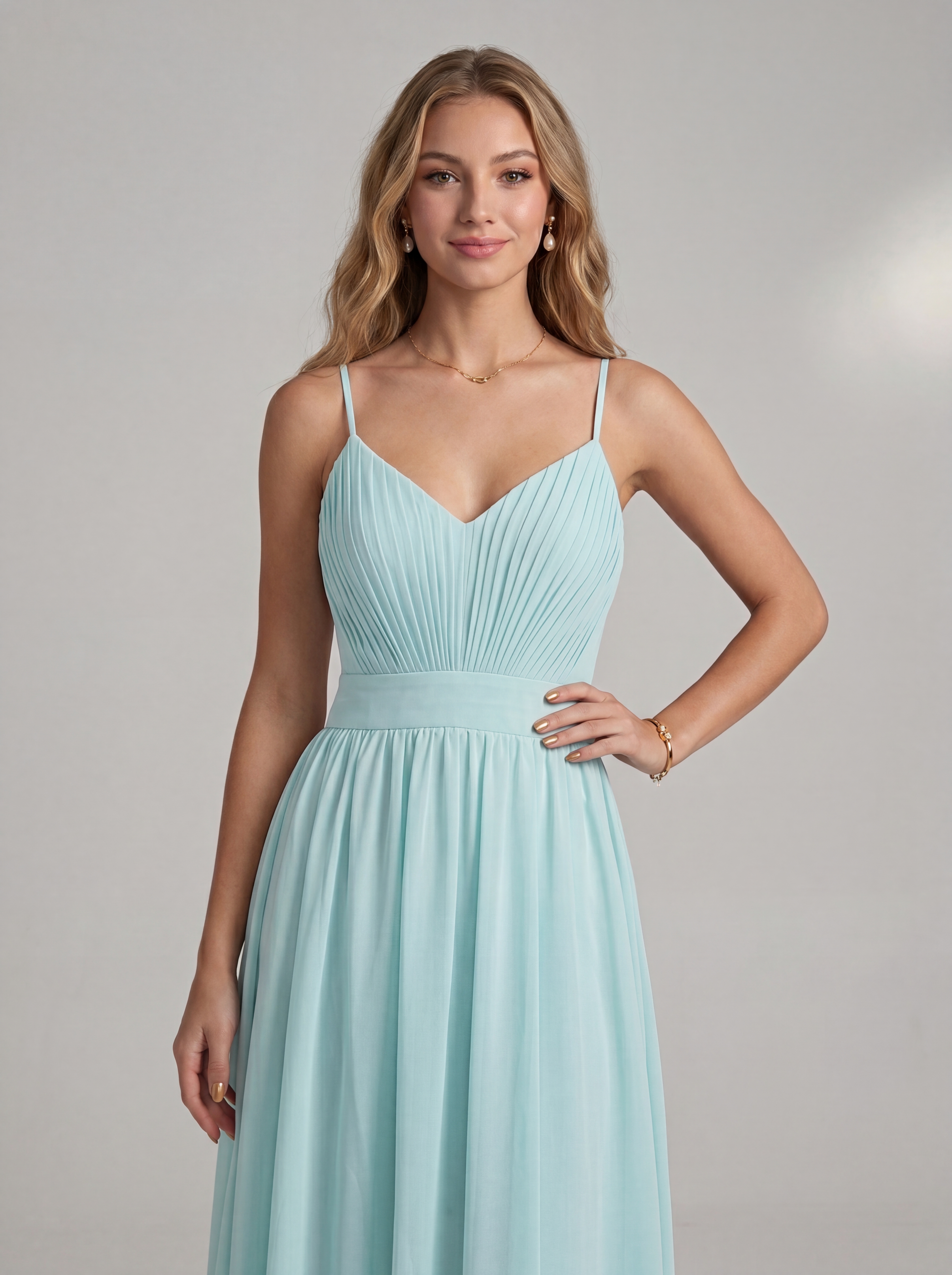 Ethereal Light Blue Chiffon Maxi Dress | V-Neck Pleated Bridesmaid & Prom Gown with Lace-Up Open Back