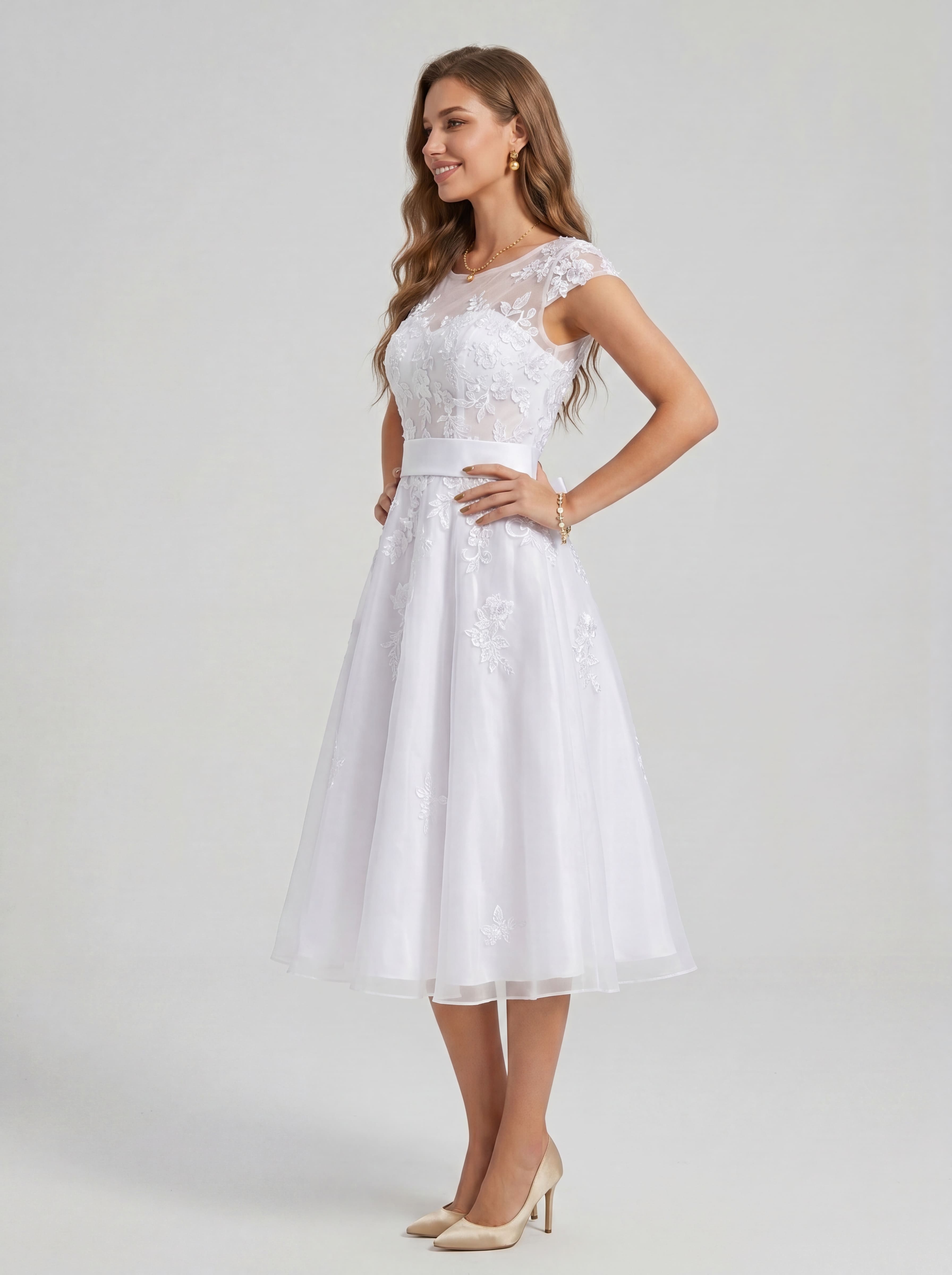 Elegant Floral Lace Applique Tulle Mini Dress | Illusion Neckline Cap Sleeve A-Line Short Party Gown