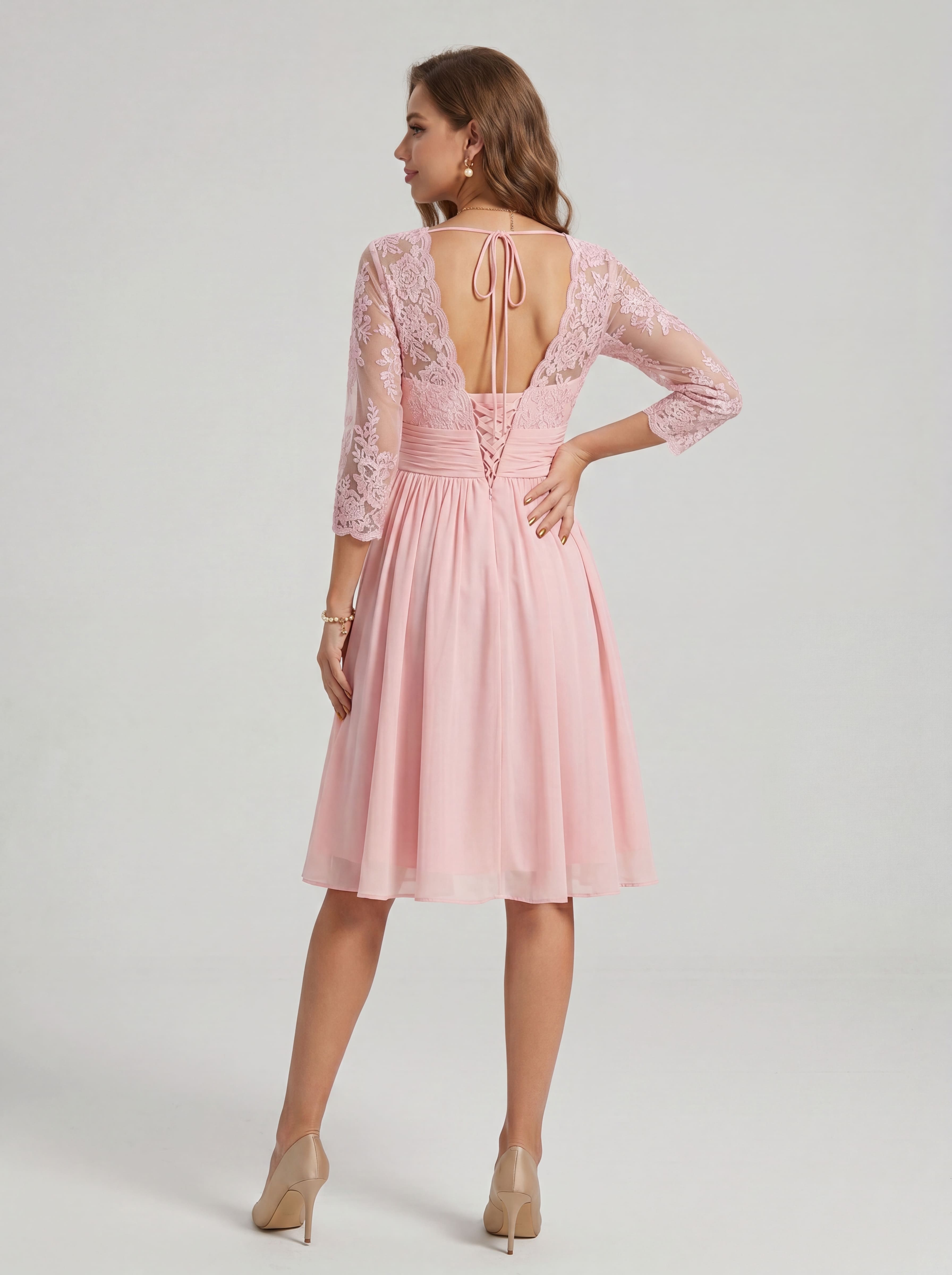 Floral Lace V-Neck Cocktail Dress - 3/4 Sleeve Mother of the Bride Midi Gown with Ruched Waistband
