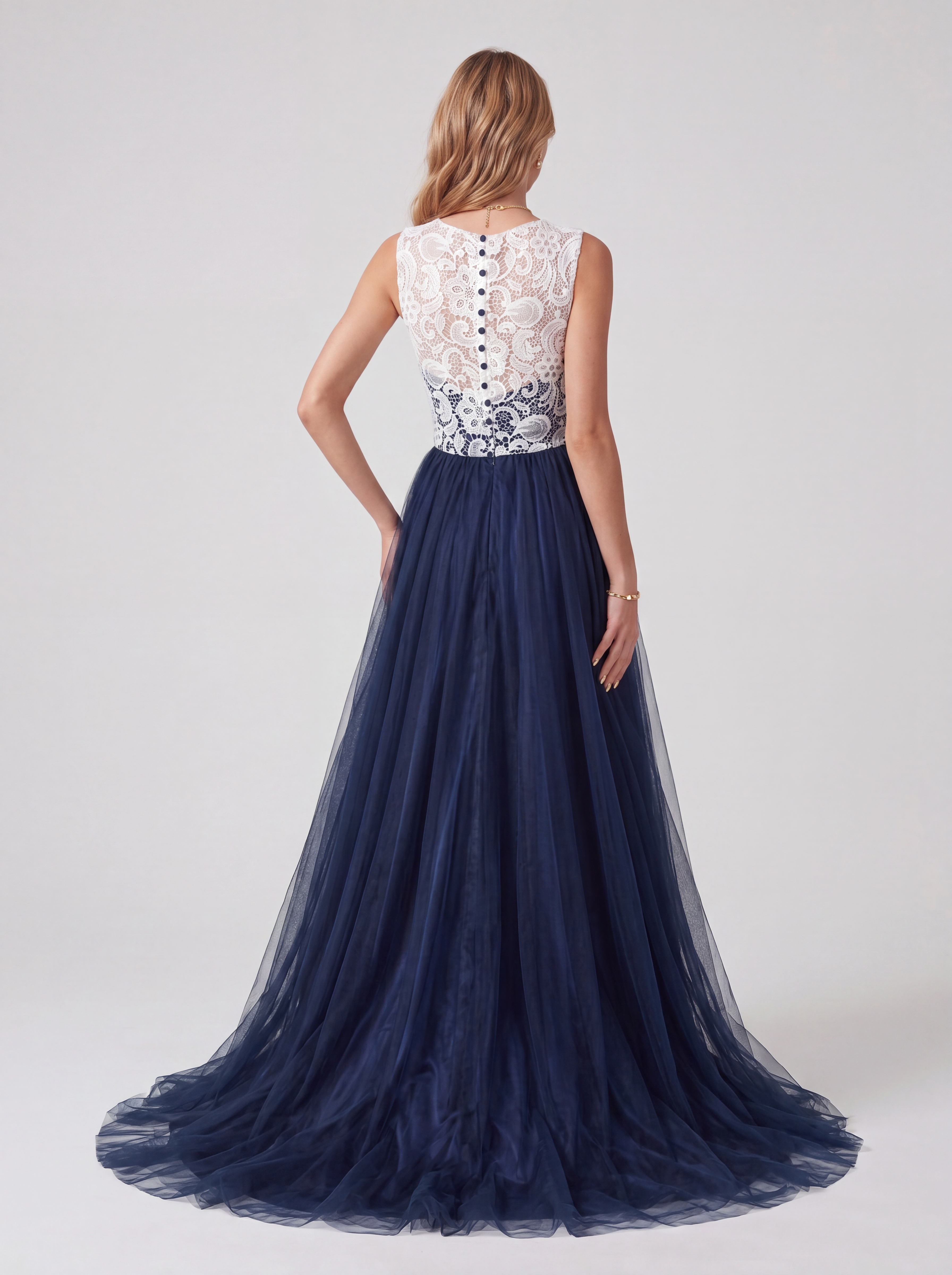 Navy Blue and White Lace Evening Dress Long - Illusion Neck Tulle Prom Ball Gown with Cap Sleeves