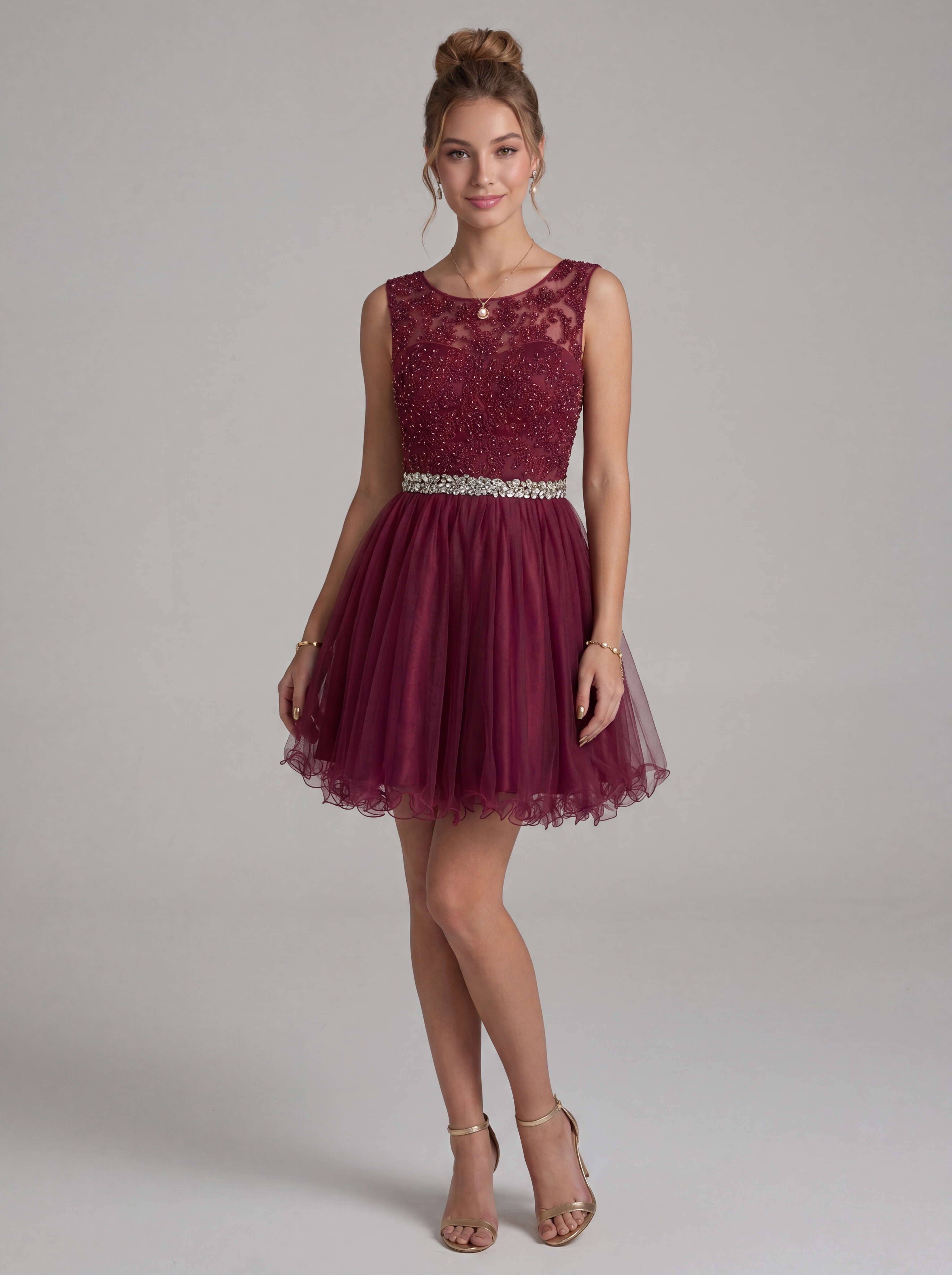Elegant Burgundy Beaded Tulle Homecoming Dress | Heart Cutout Open Back Short Prom & Cocktail Party Gown
