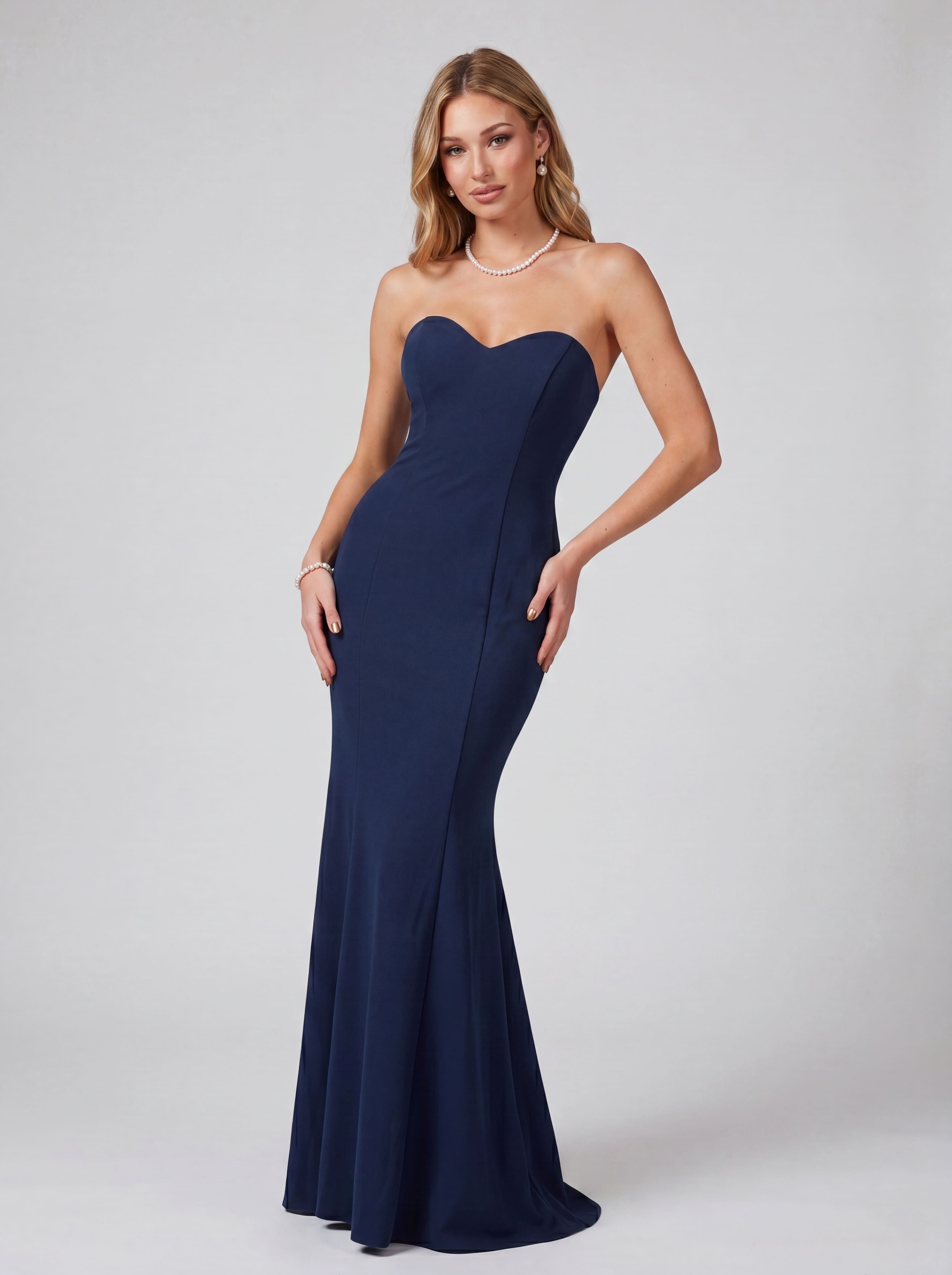 Navy Blue Strapless Sweetheart Mermaid Maxi Dress - Elegant Matte Satin Evening Gown for Prom, Gala, and Formal Wedding Guest