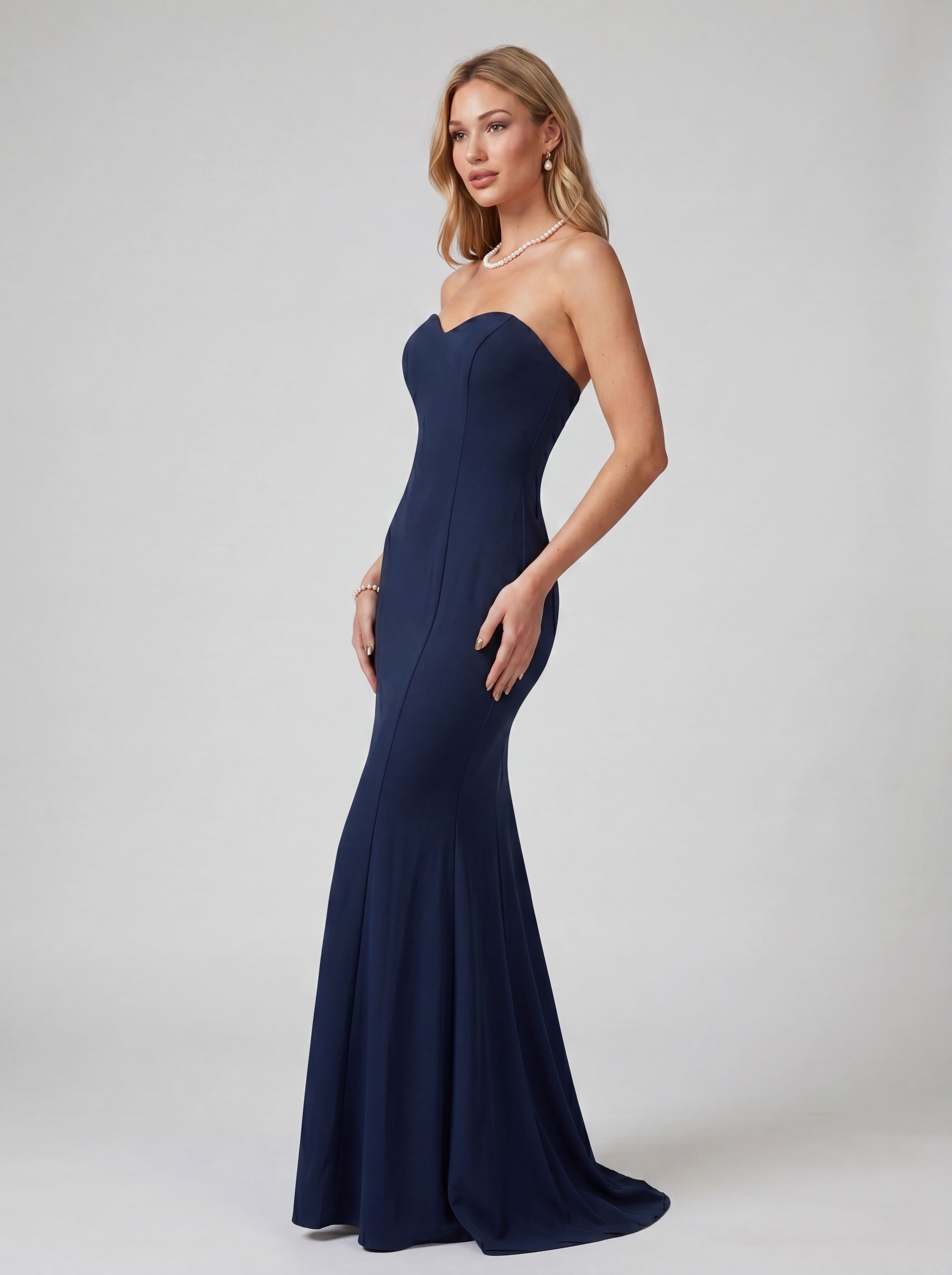 Navy Blue Strapless Sweetheart Mermaid Maxi Dress - Elegant Matte Satin Evening Gown for Prom, Gala, and Formal Wedding Guest