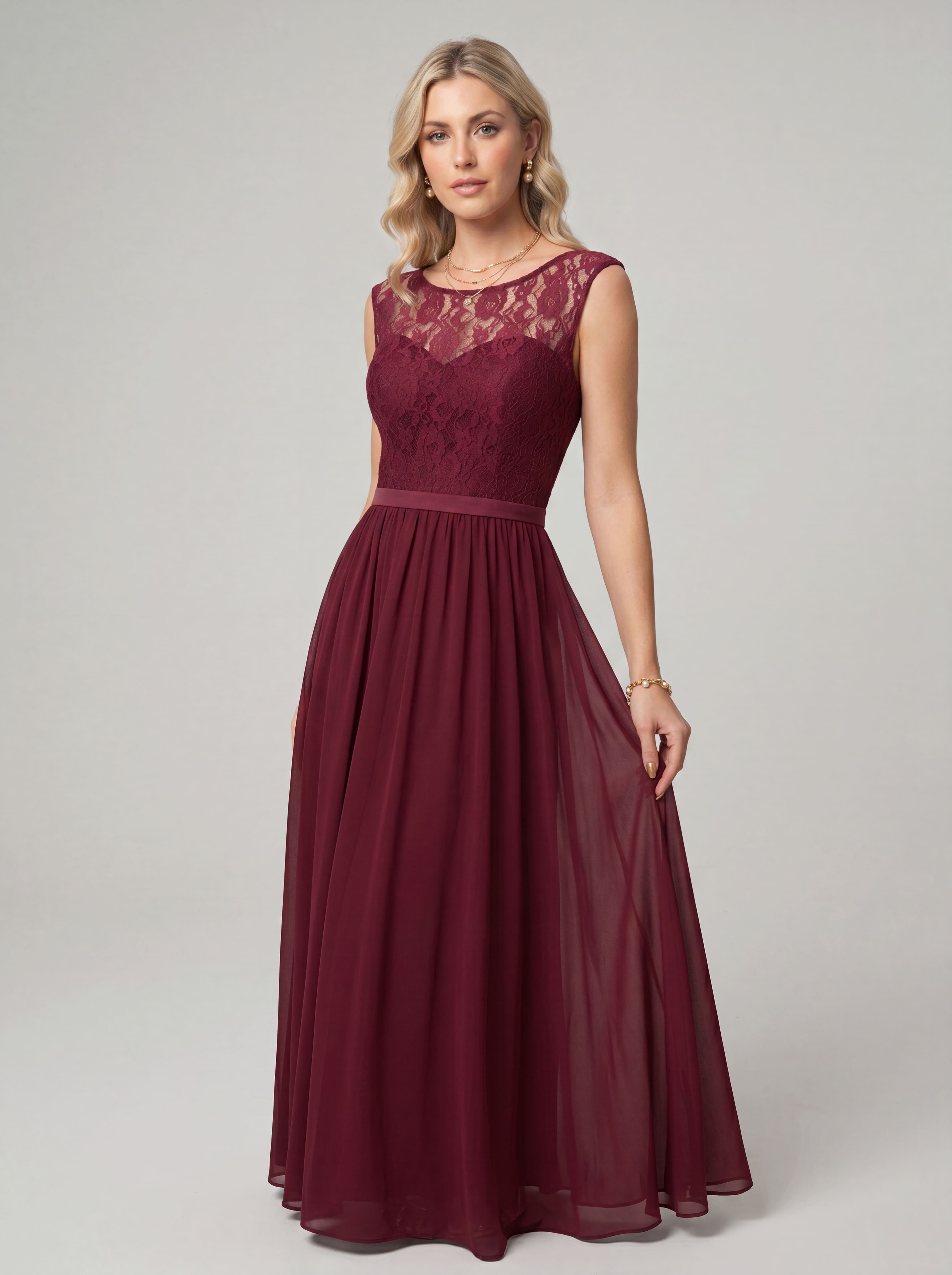 Elegant Lace Evening Dress Long - Illusion Neck Chiffon Prom Gown with Cap Sleeves