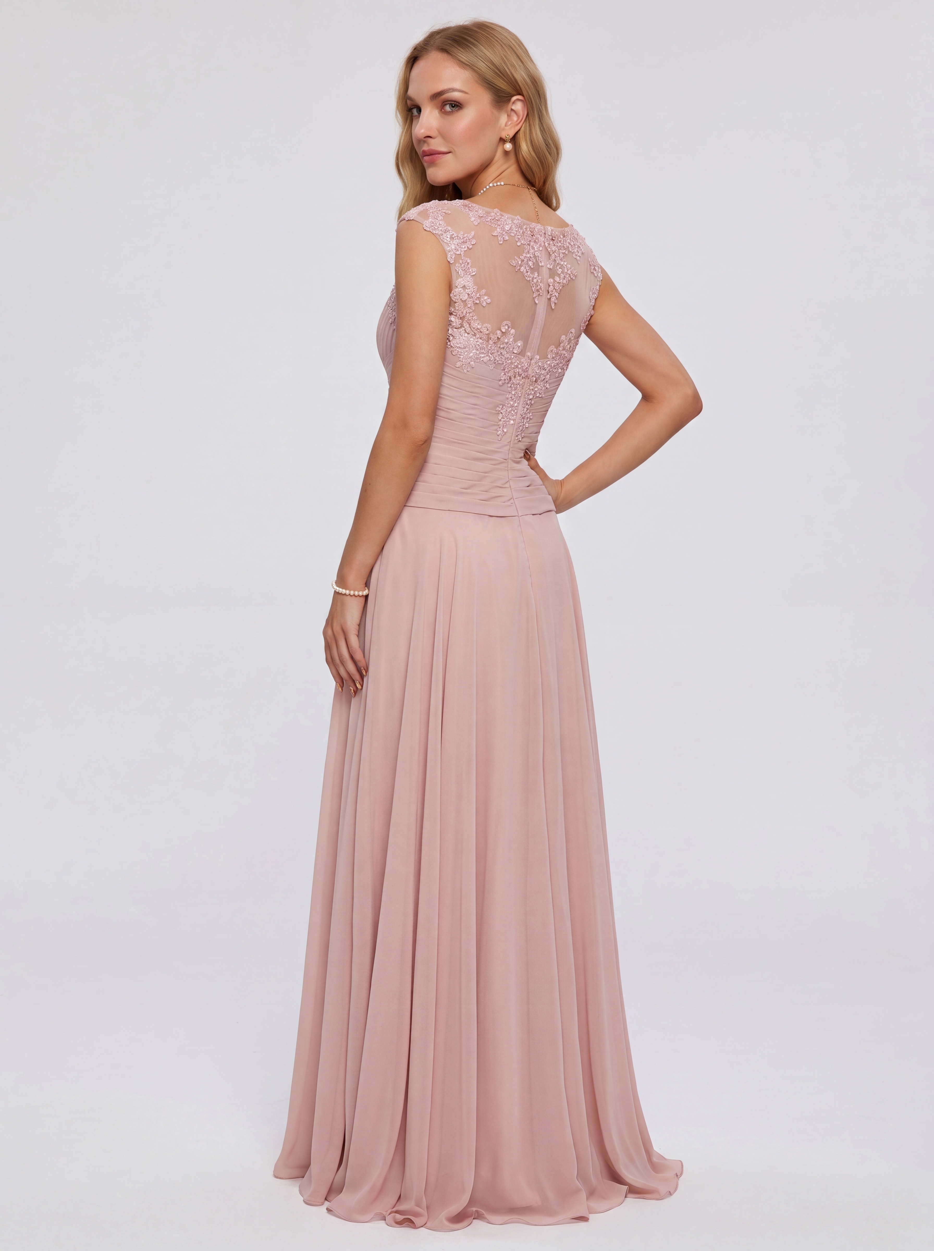 Elegant Cap Sleeve Illusion Neckline Maxi Dress - Ruched Waist Chiffon Formal Evening Gown for Wedding Guest, Bridesmaid & Prom