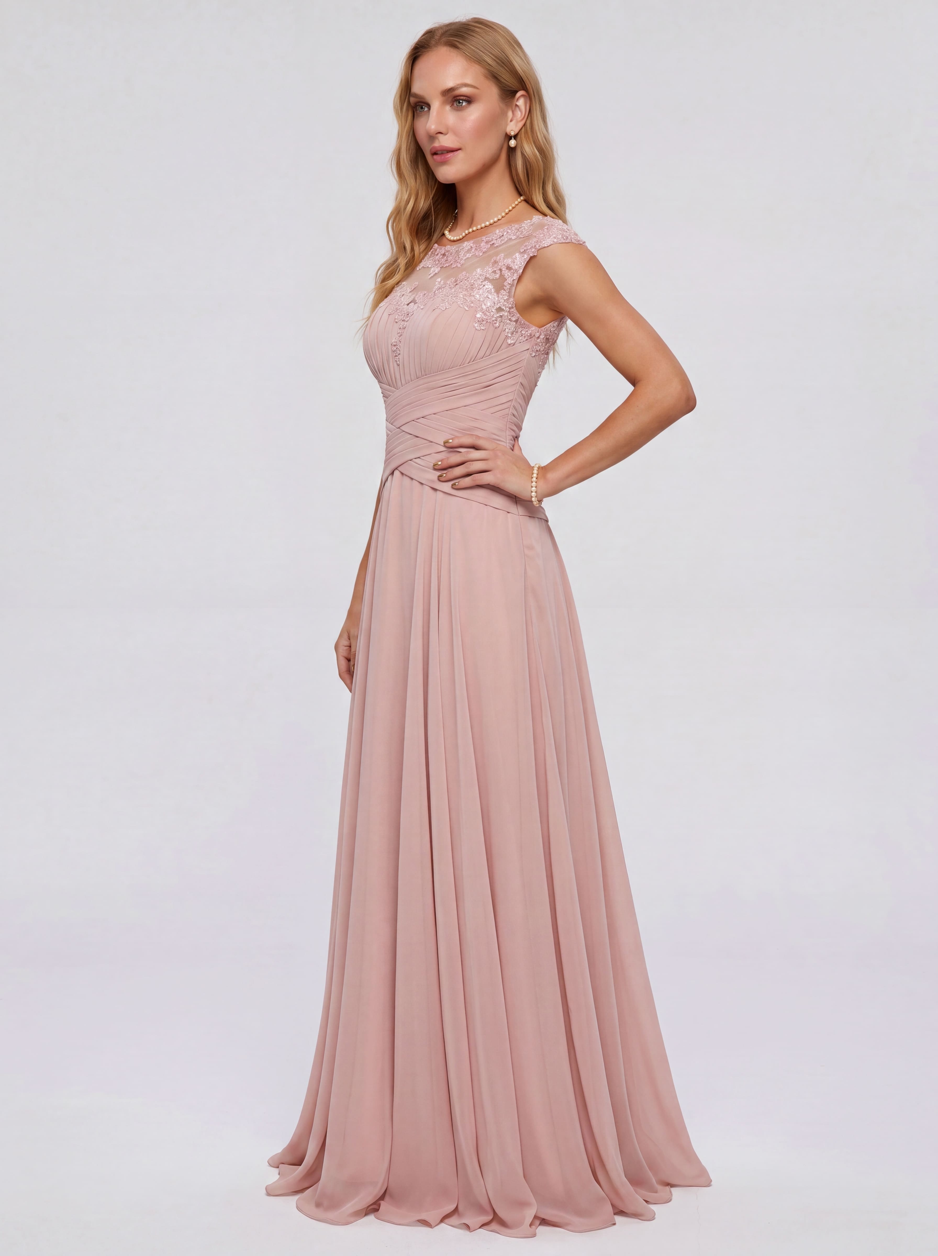Elegant Cap Sleeve Illusion Neckline Maxi Dress - Ruched Waist Chiffon Formal Evening Gown for Wedding Guest, Bridesmaid & Prom