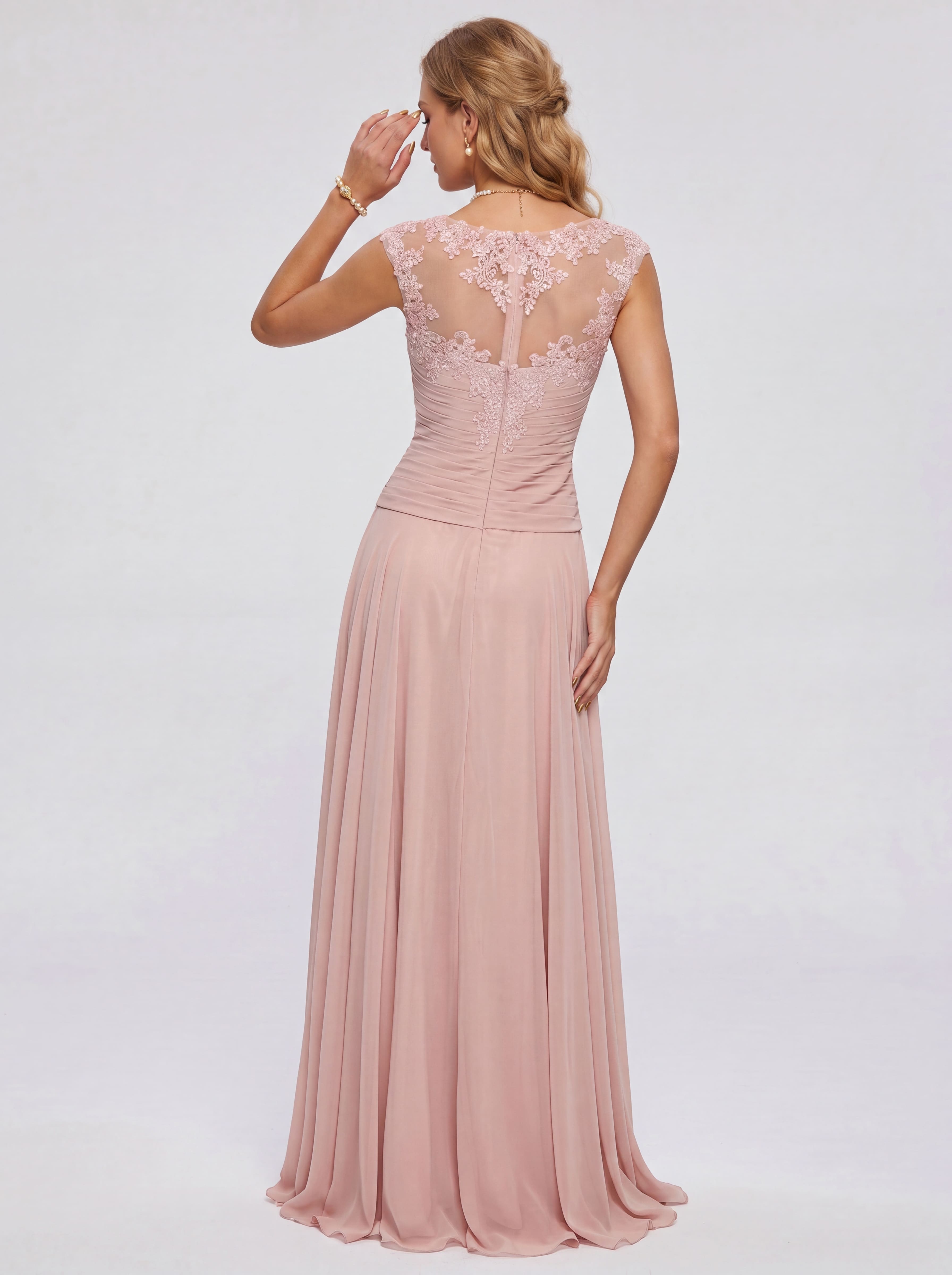 Elegant Cap Sleeve Illusion Neckline Maxi Dress - Ruched Waist Chiffon Formal Evening Gown for Wedding Guest, Bridesmaid & Prom