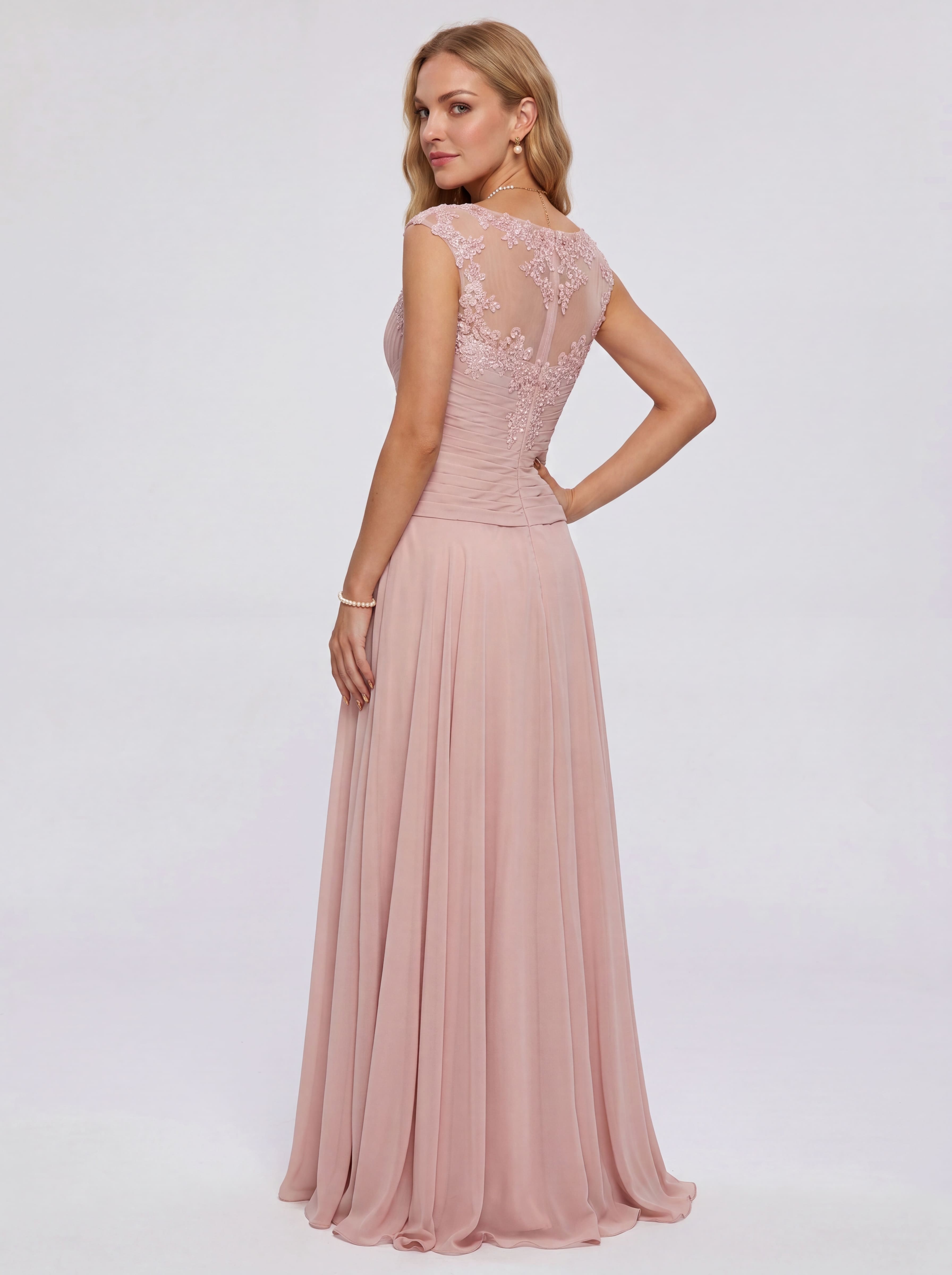 Elegant Cap Sleeve Illusion Neckline Maxi Dress - Ruched Waist Chiffon Formal Evening Gown for Wedding Guest, Bridesmaid & Prom
