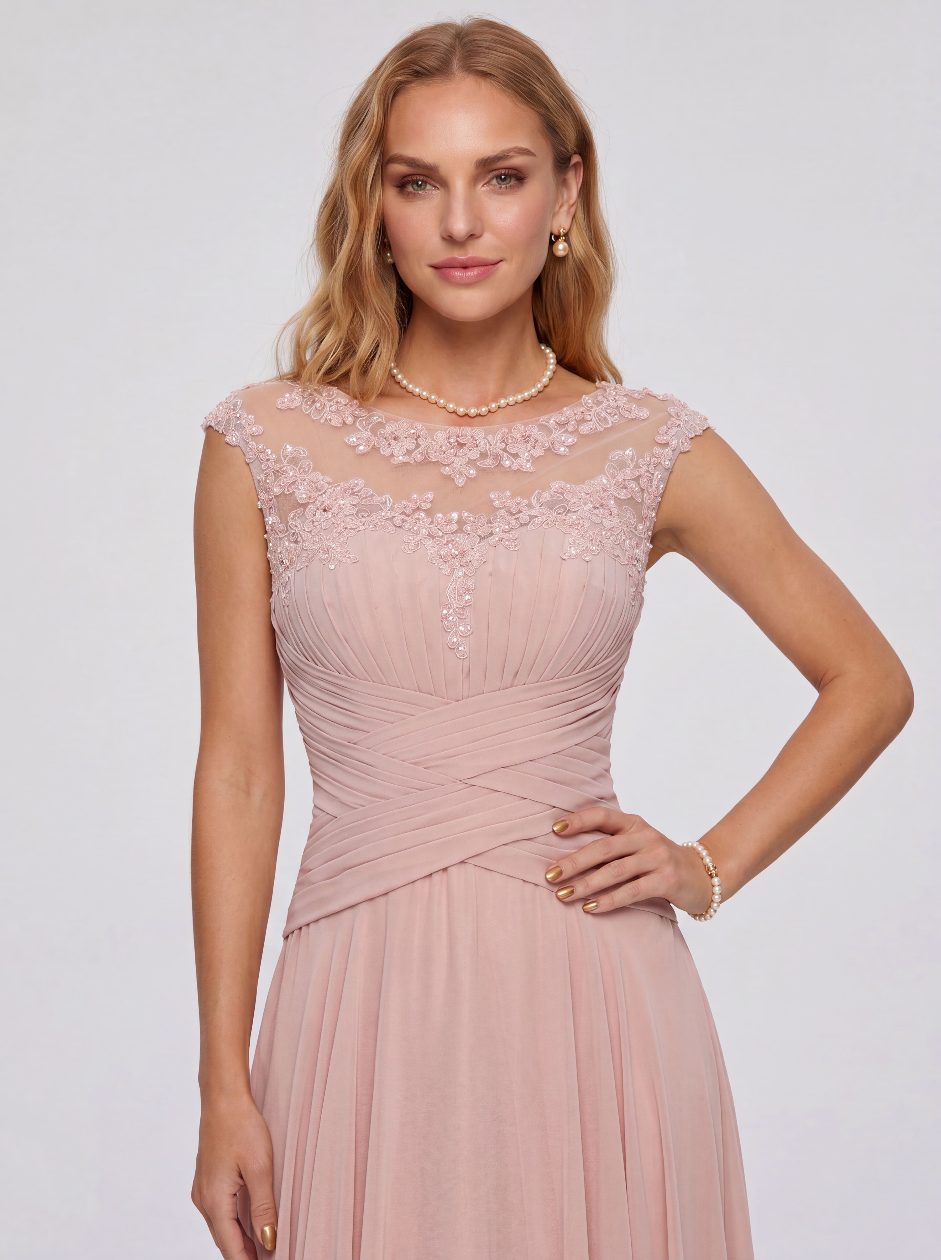 Elegant Cap Sleeve Illusion Neckline Maxi Dress - Ruched Waist Chiffon Formal Evening Gown for Wedding Guest, Bridesmaid & Prom