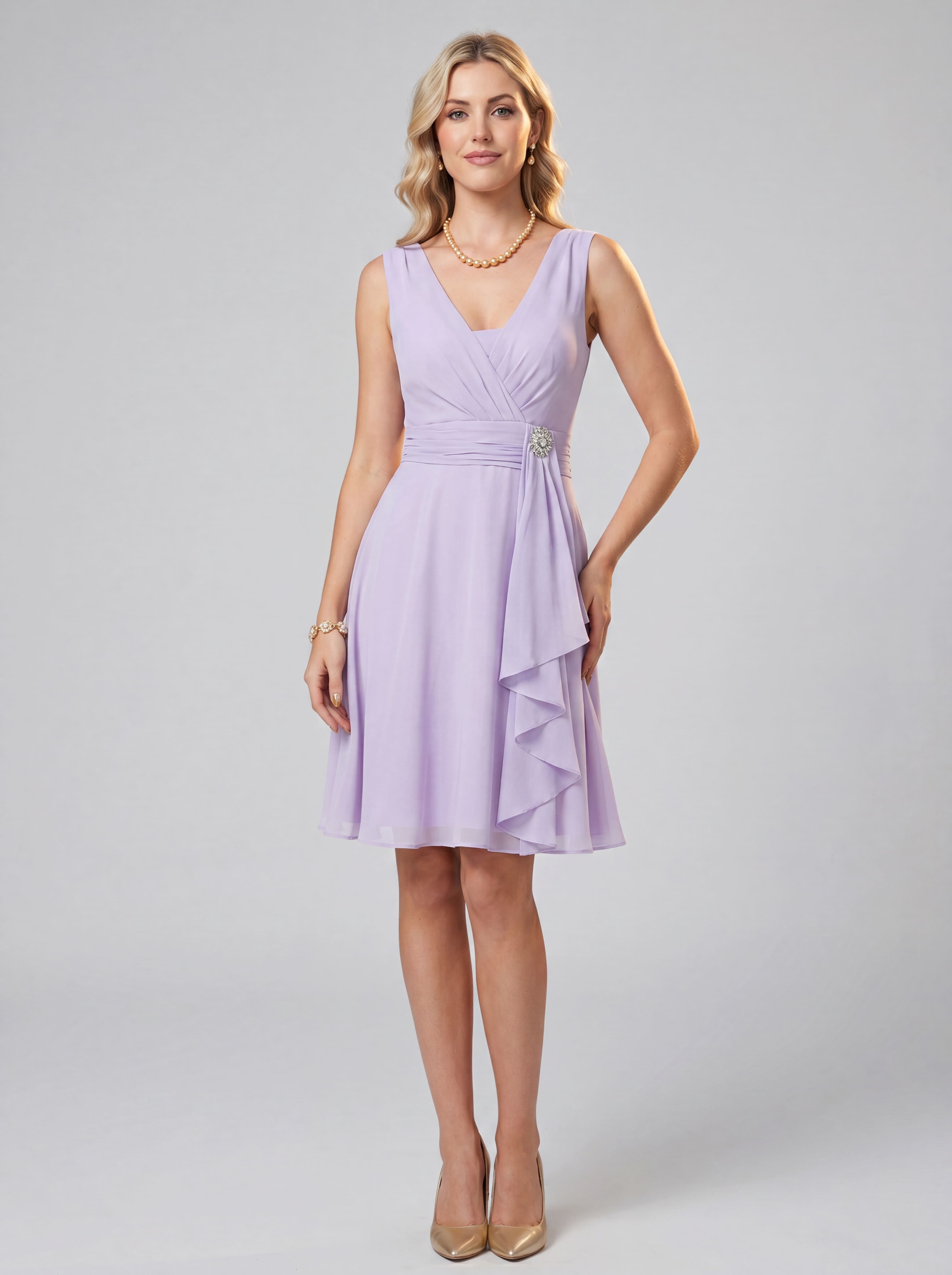 Lilac V-Neck Chiffon Bridesmaid Dress - Knee Length Elegant Wedding Guest Dress with Ruffle Detail