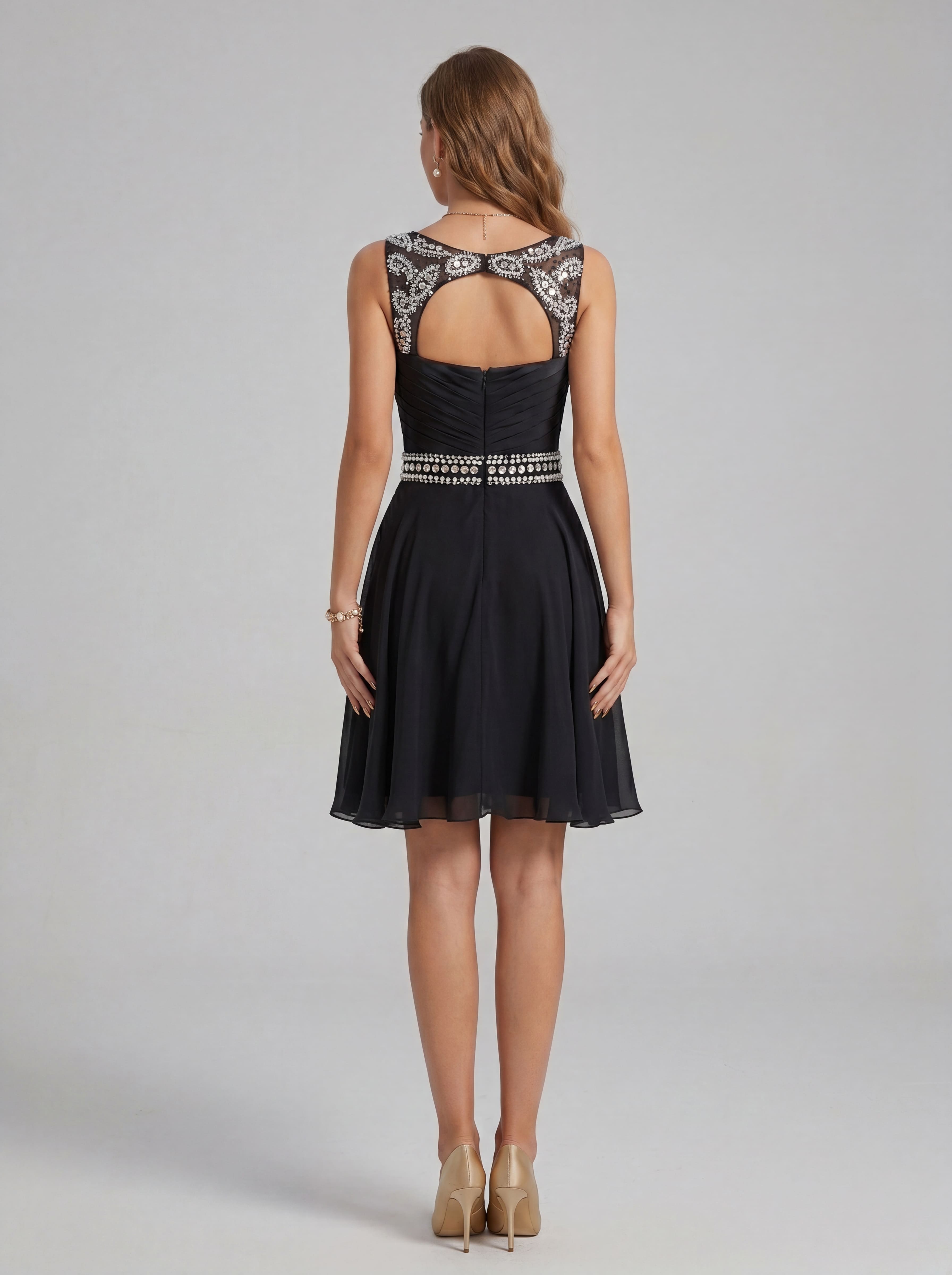 Grey Sequin Homecoming Dress Short - Illusion Neck Chiffon Prom Gown with Rhinestone Belt