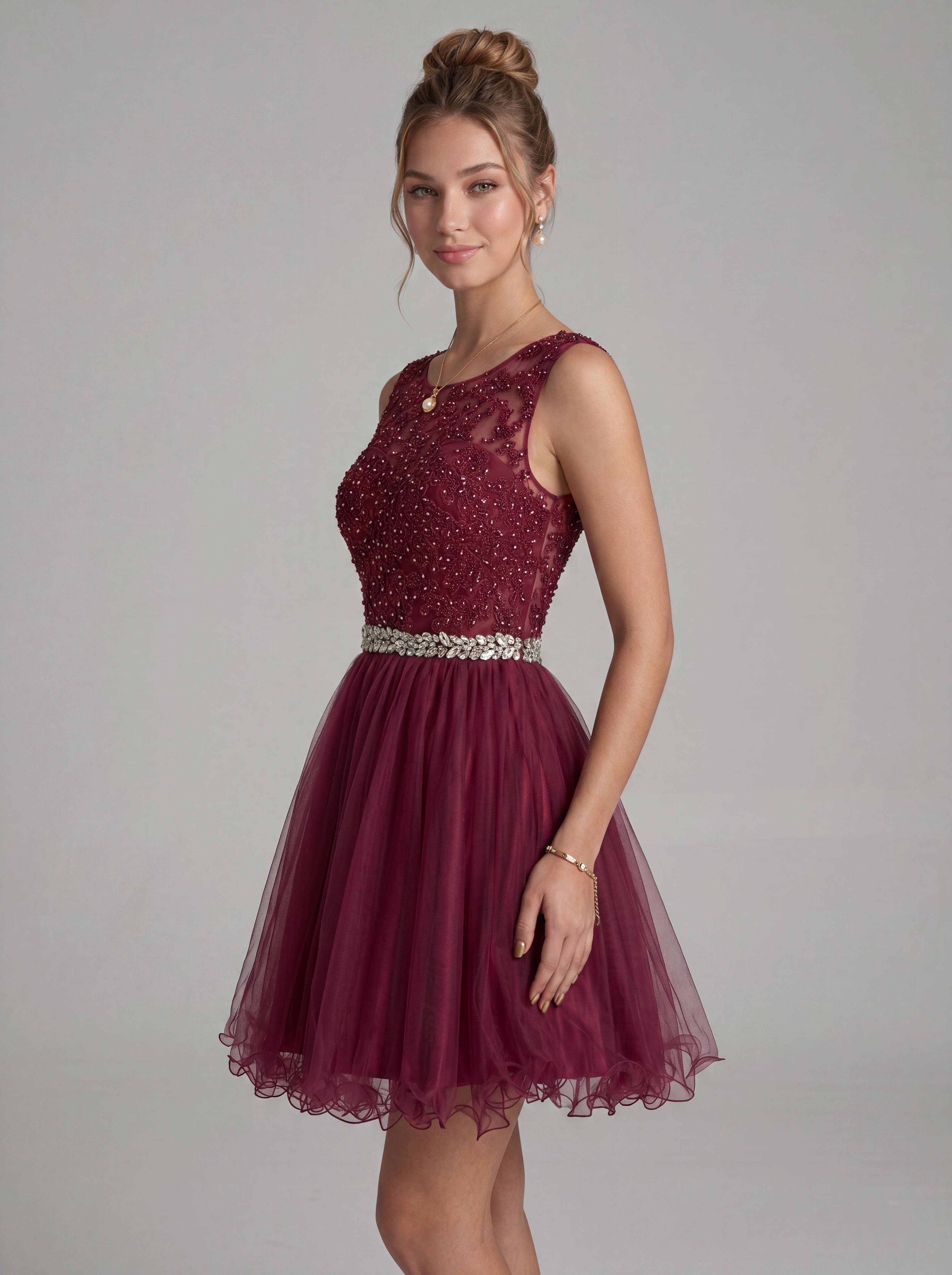 Elegant Burgundy Beaded Tulle Homecoming Dress | Heart Cutout Open Back Short Prom & Cocktail Party Gown