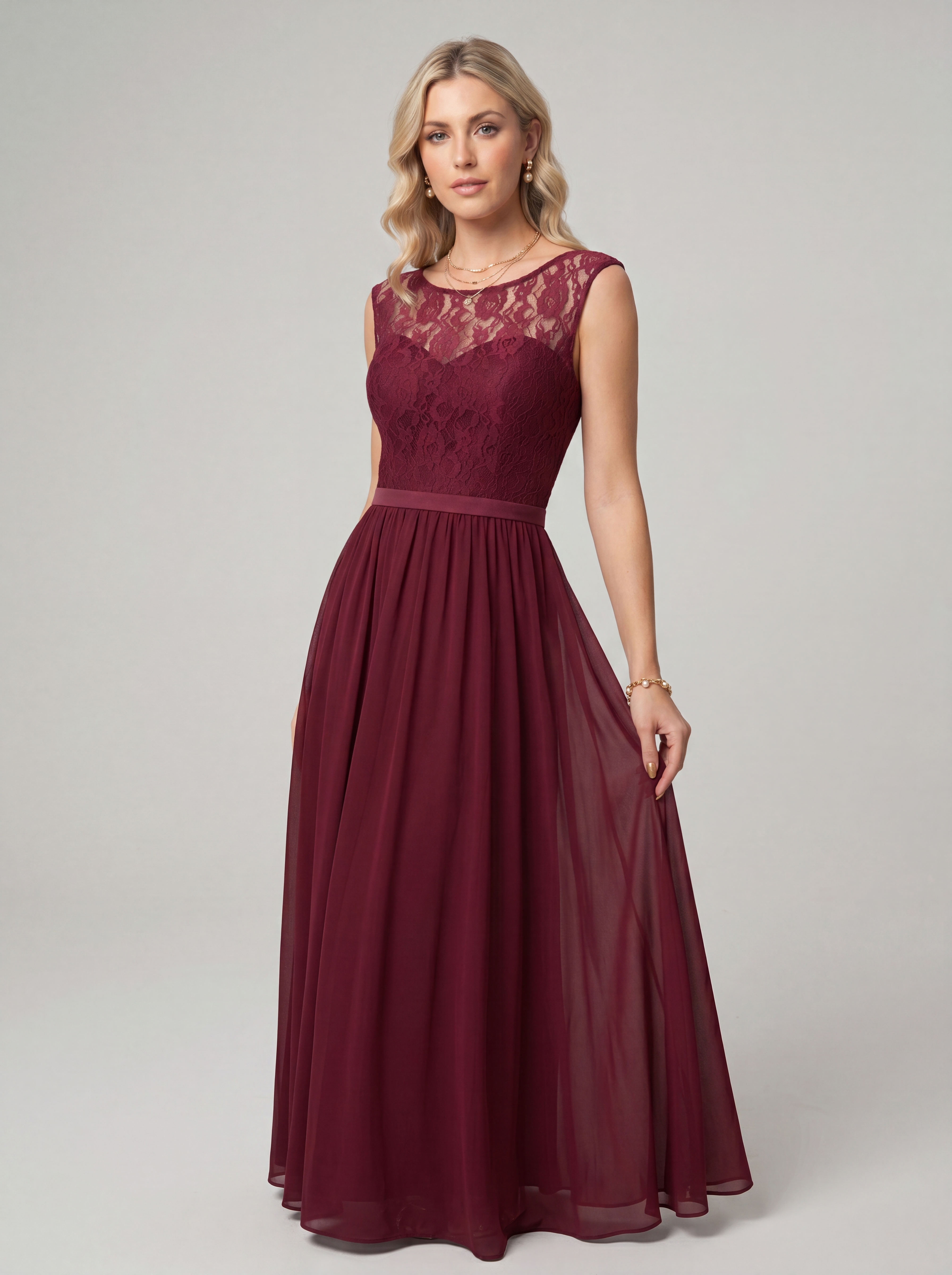 Elegant Lace Evening Dress Long - Illusion Neck Chiffon Prom Gown with Cap Sleeves