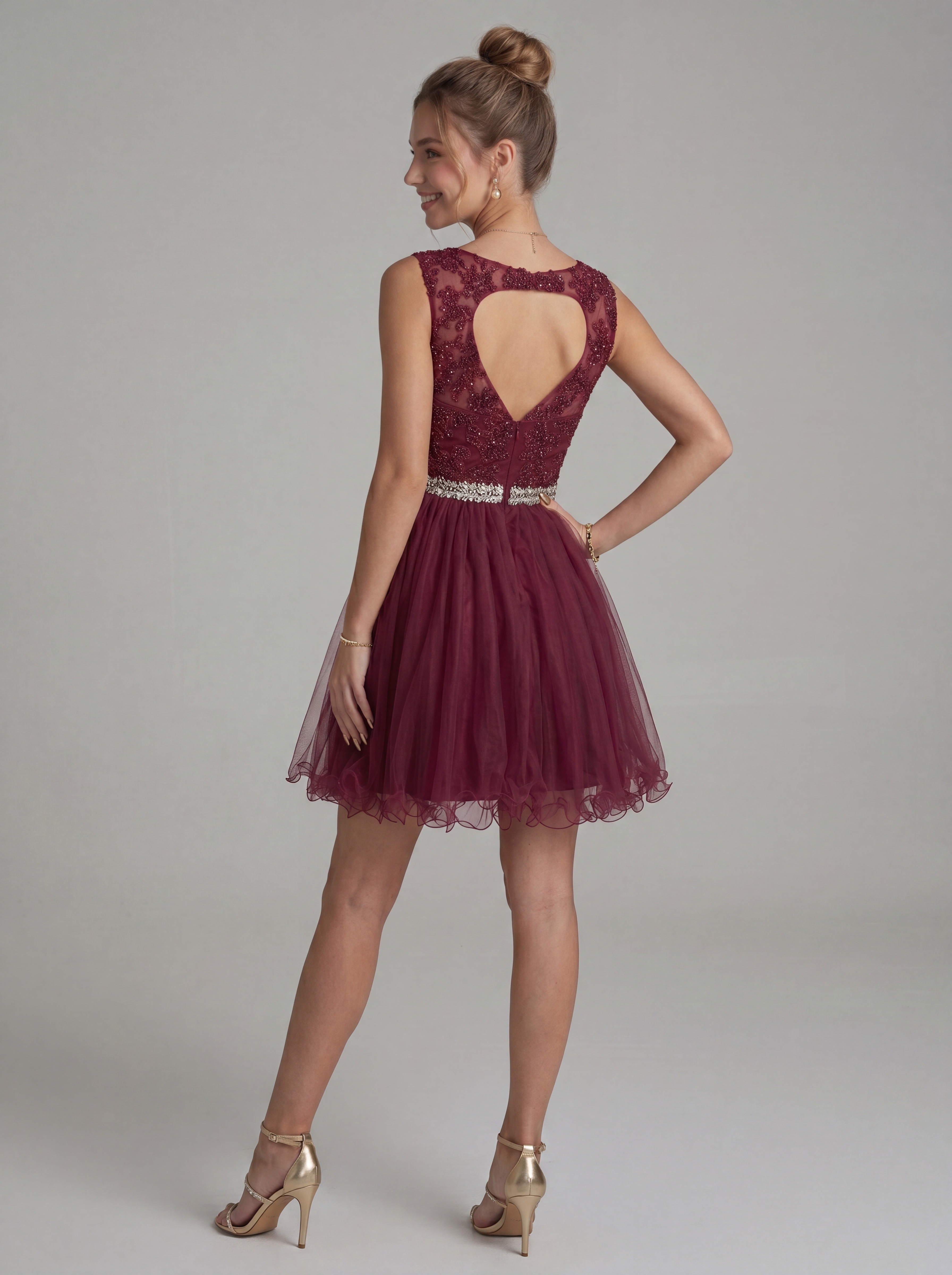Elegant Burgundy Beaded Tulle Homecoming Dress | Heart Cutout Open Back Short Prom & Cocktail Party Gown