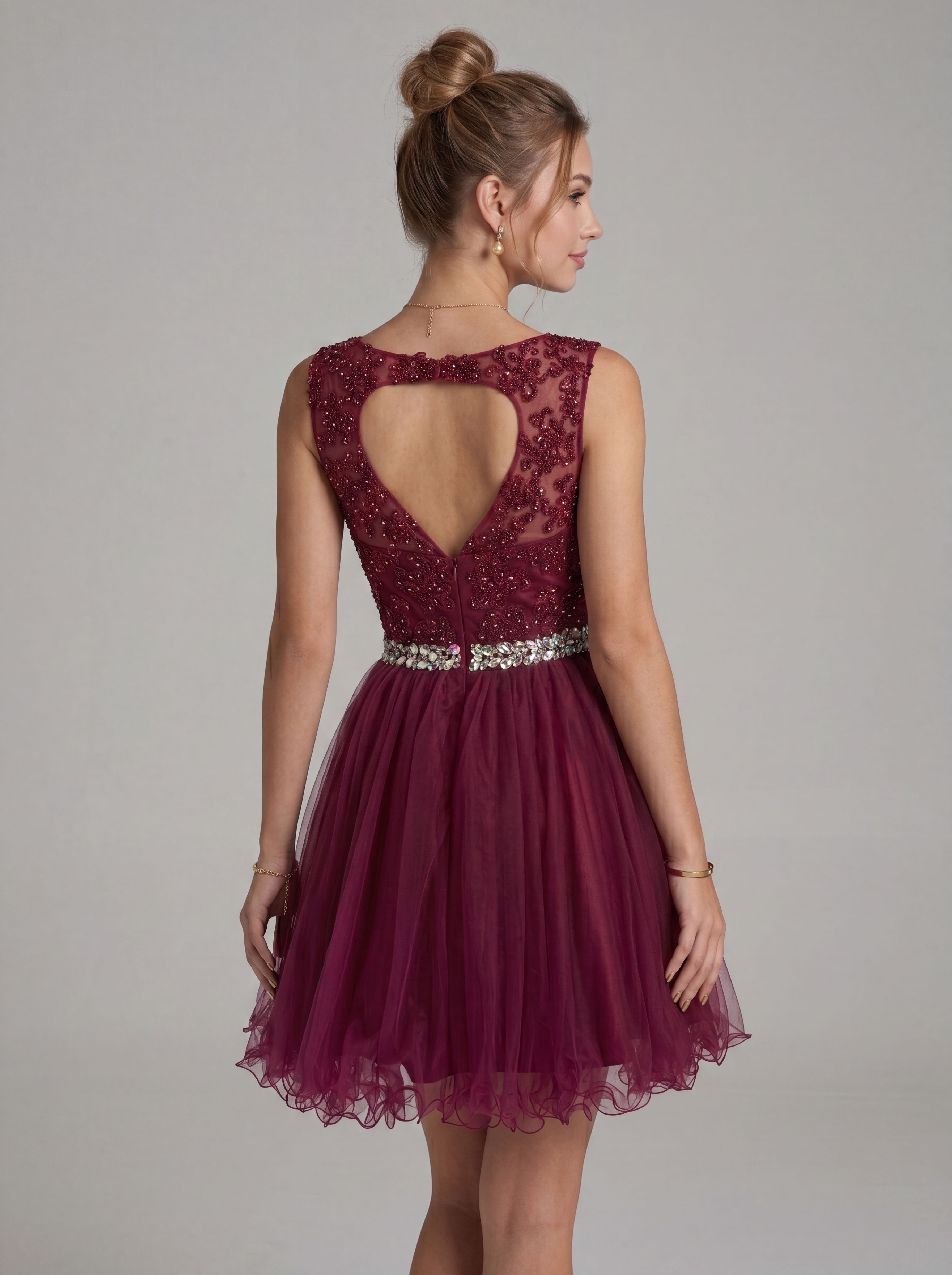 Elegant Burgundy Beaded Tulle Homecoming Dress | Heart Cutout Open Back Short Prom & Cocktail Party Gown