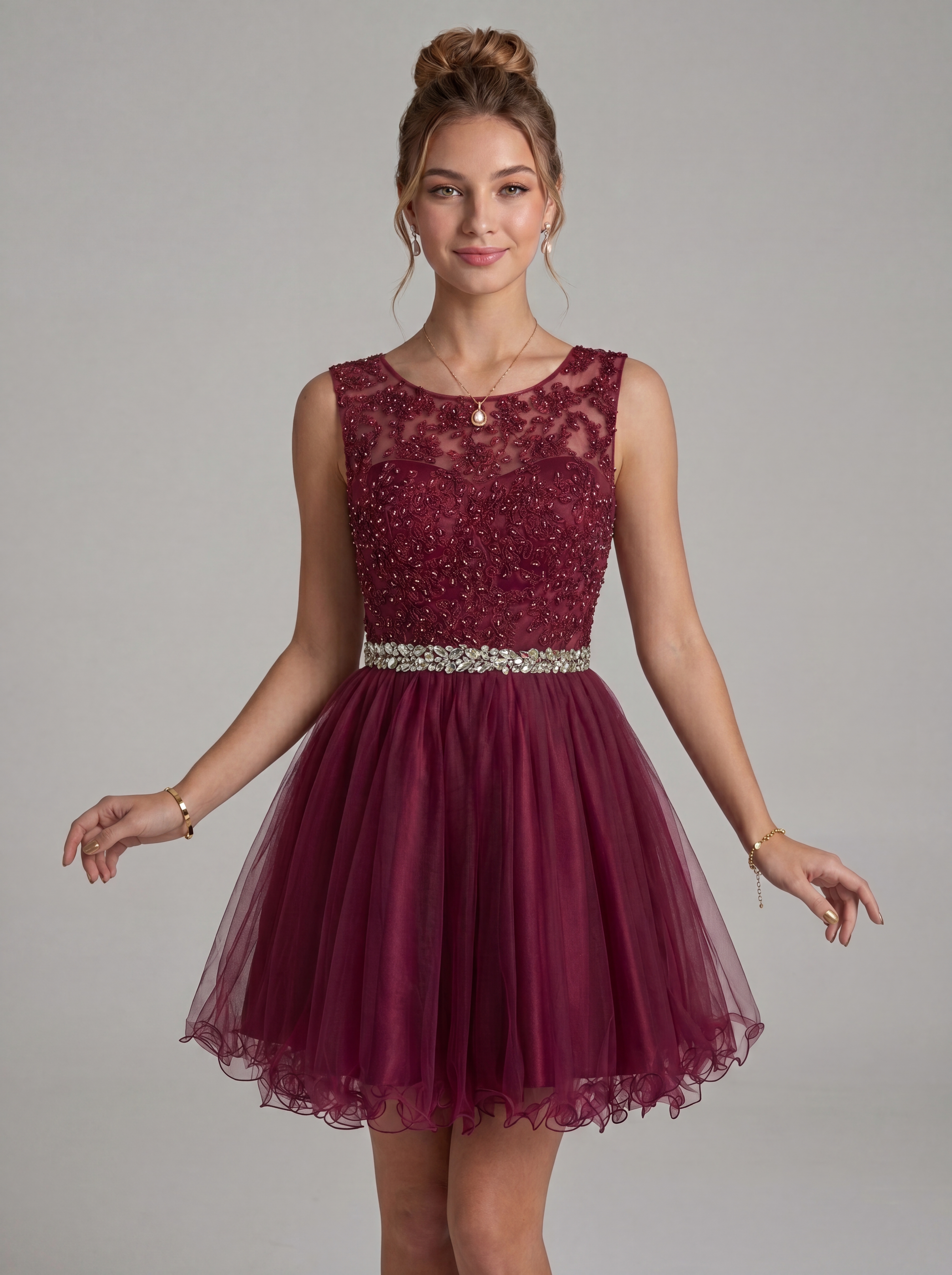 Elegant Burgundy Beaded Tulle Homecoming Dress | Heart Cutout Open Back Short Prom & Cocktail Party Gown