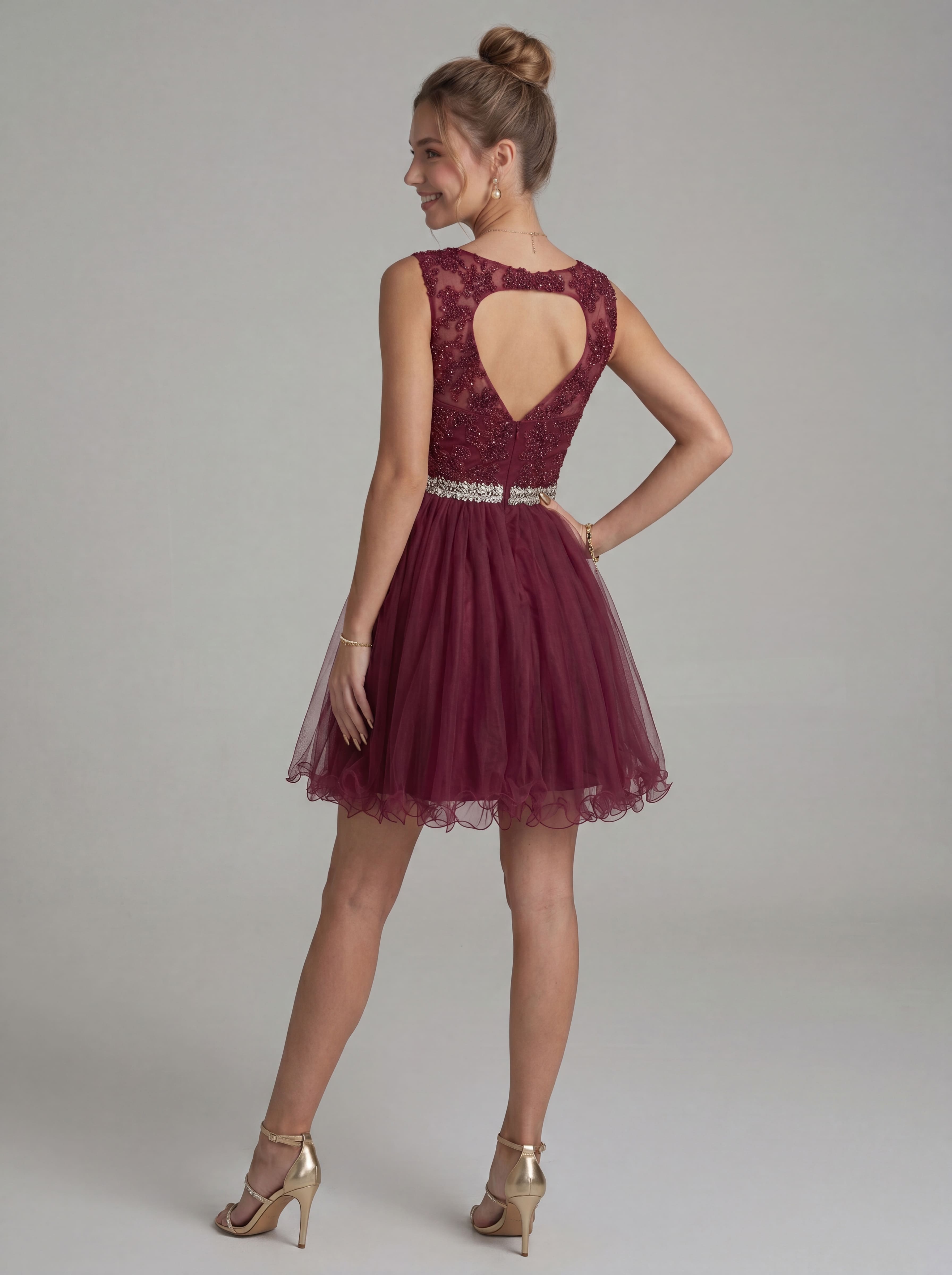 Elegant Burgundy Beaded Tulle Homecoming Dress | Heart Cutout Open Back Short Prom & Cocktail Party Gown