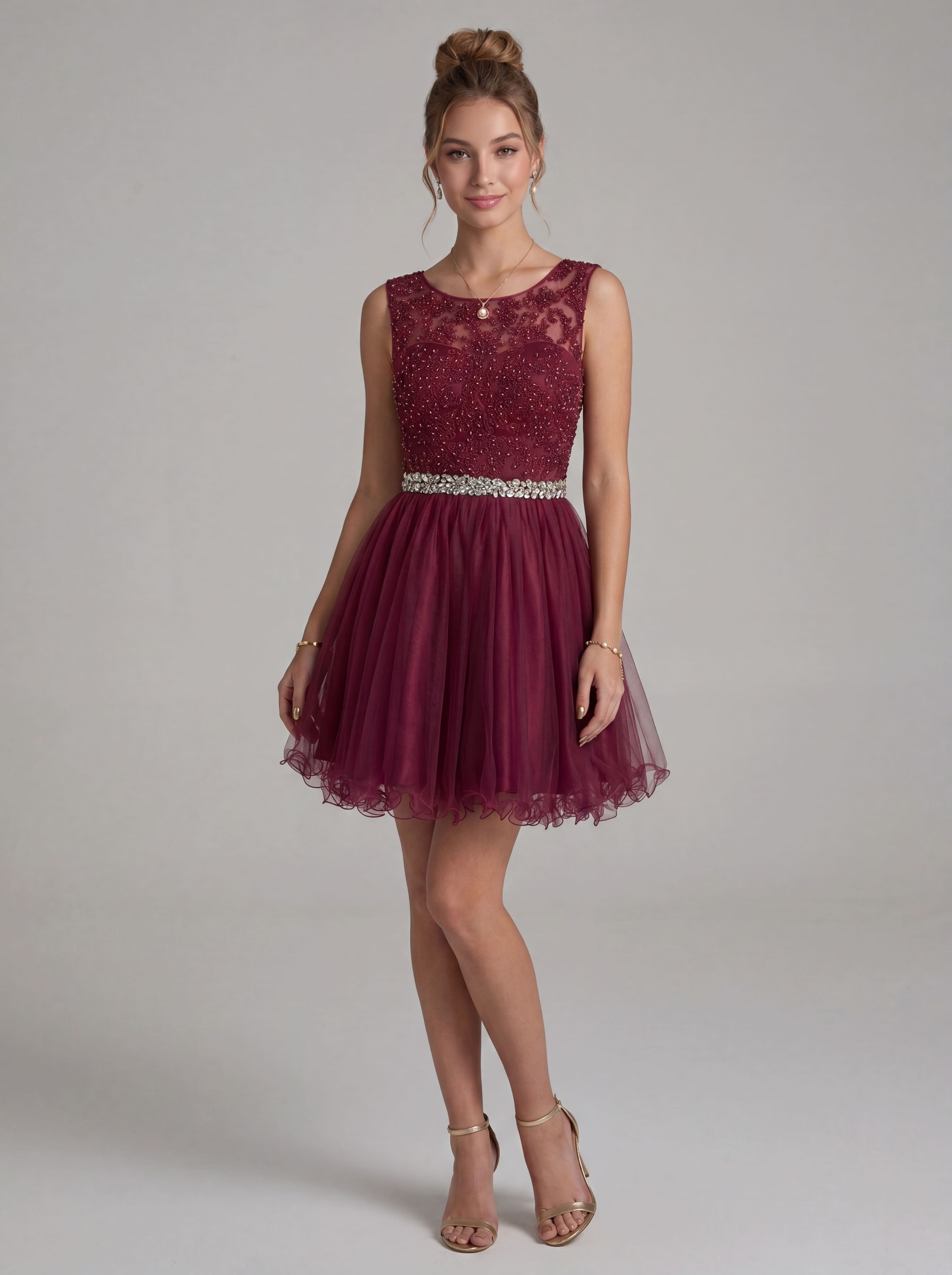 Elegant Burgundy Beaded Tulle Homecoming Dress | Heart Cutout Open Back Short Prom & Cocktail Party Gown