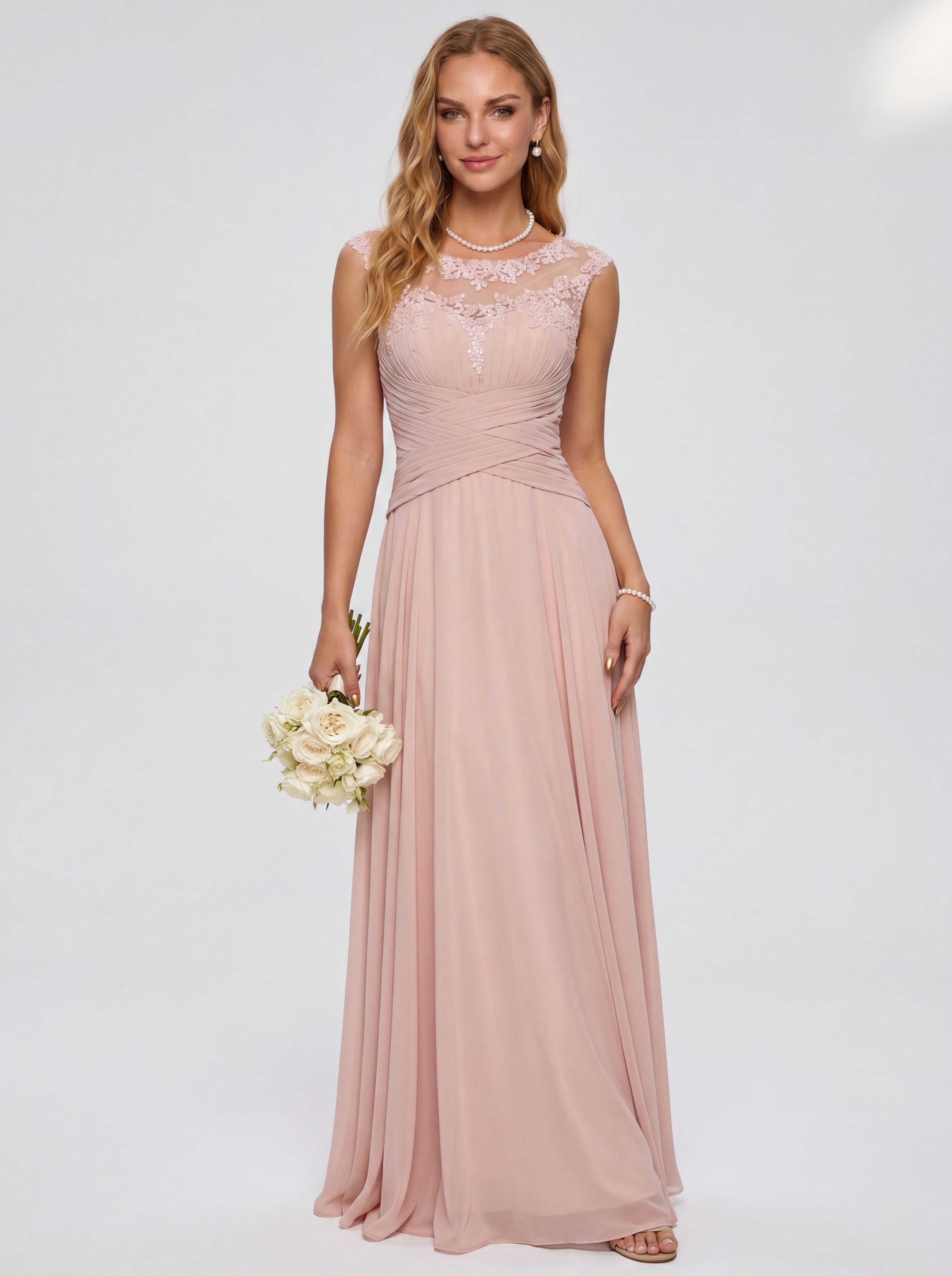 Elegant Cap Sleeve Illusion Neckline Maxi Dress - Ruched Waist Chiffon Formal Evening Gown for Wedding Guest, Bridesmaid & Prom