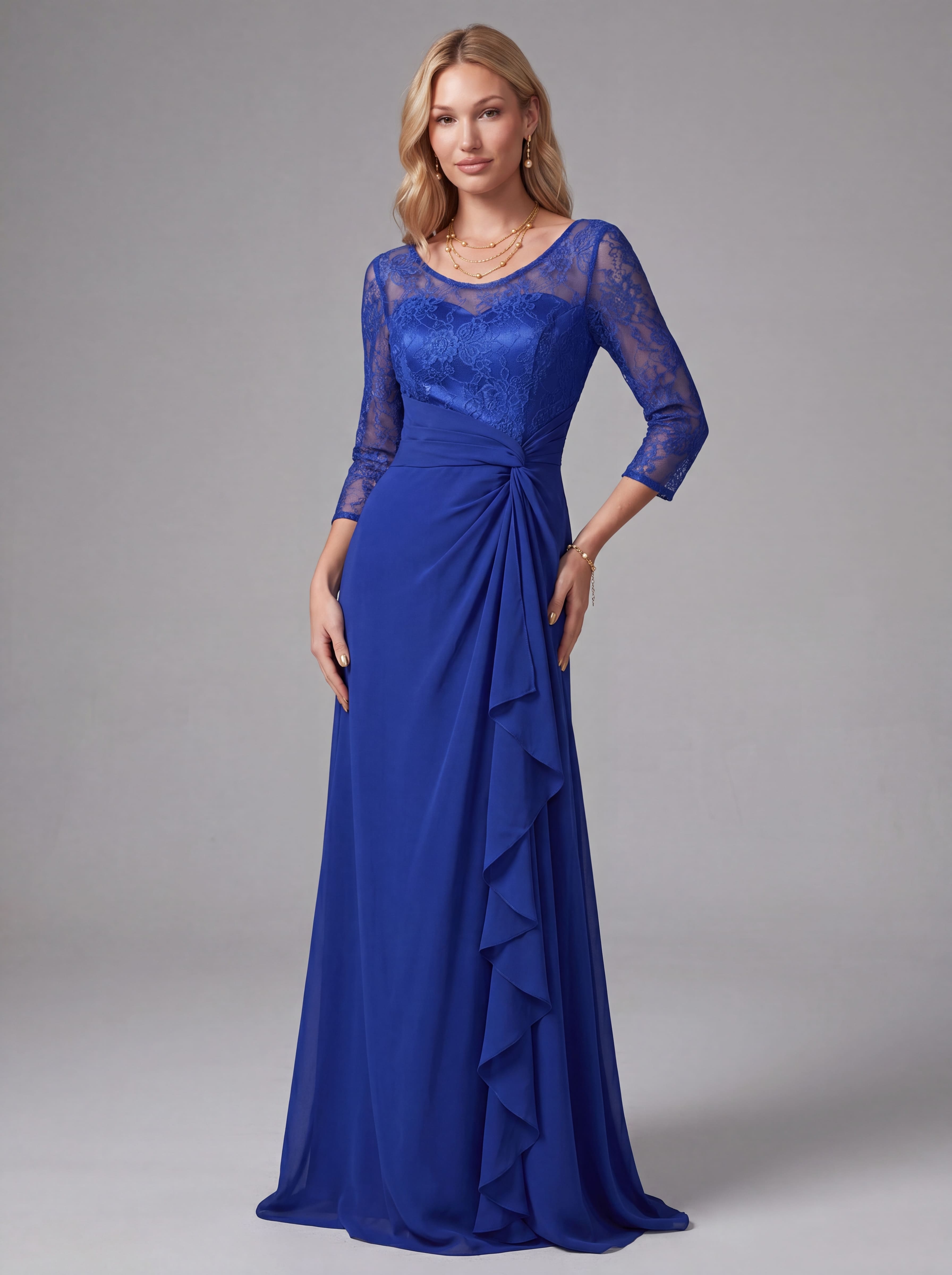 Elegant 3/4 Sleeve Lace Bodice Chiffon Maxi Dress | Ruched Waist Formal Evening Gown