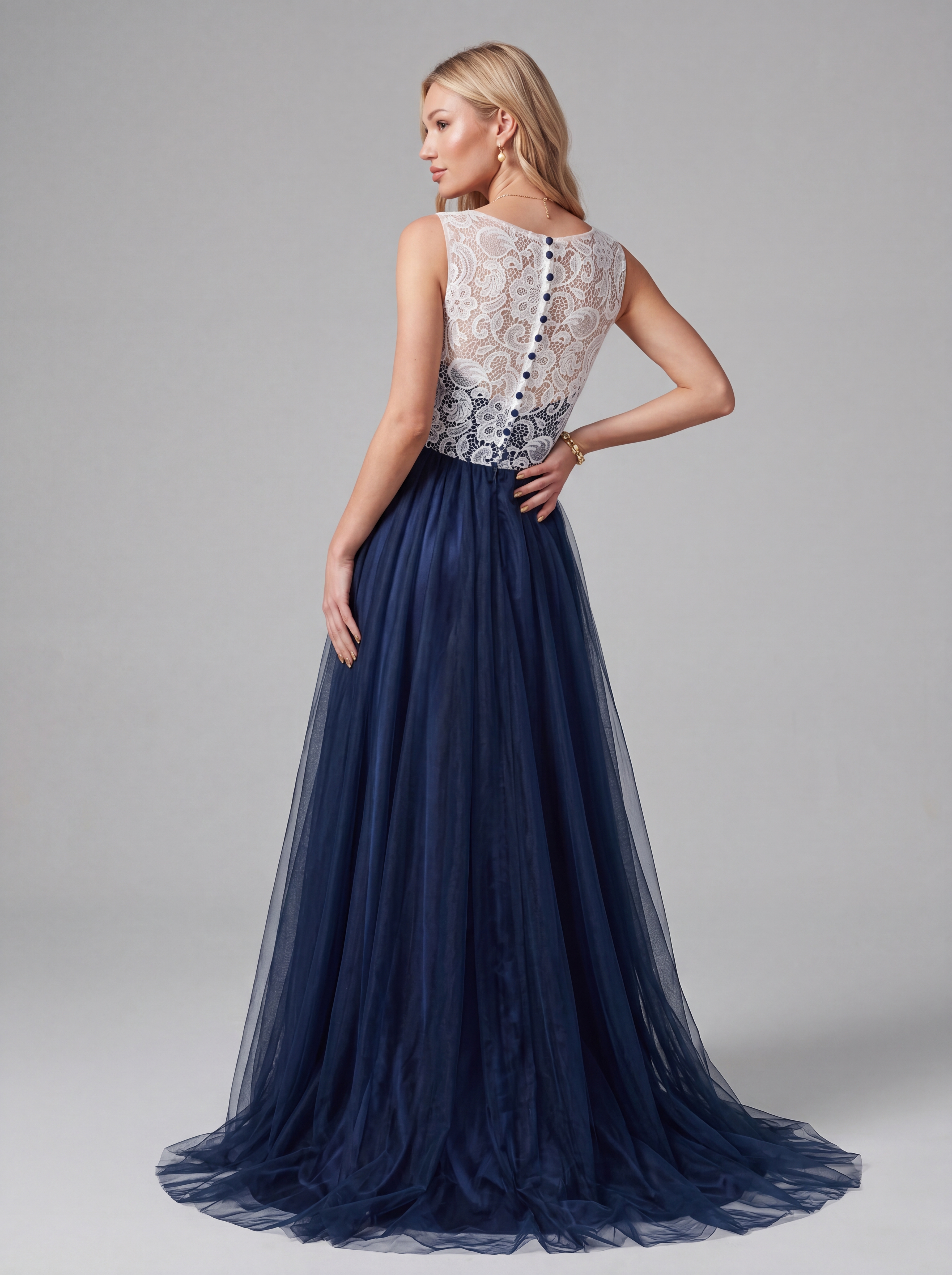 Navy Blue and White Lace Evening Dress Long - Illusion Neck Tulle Prom Ball Gown with Cap Sleeves