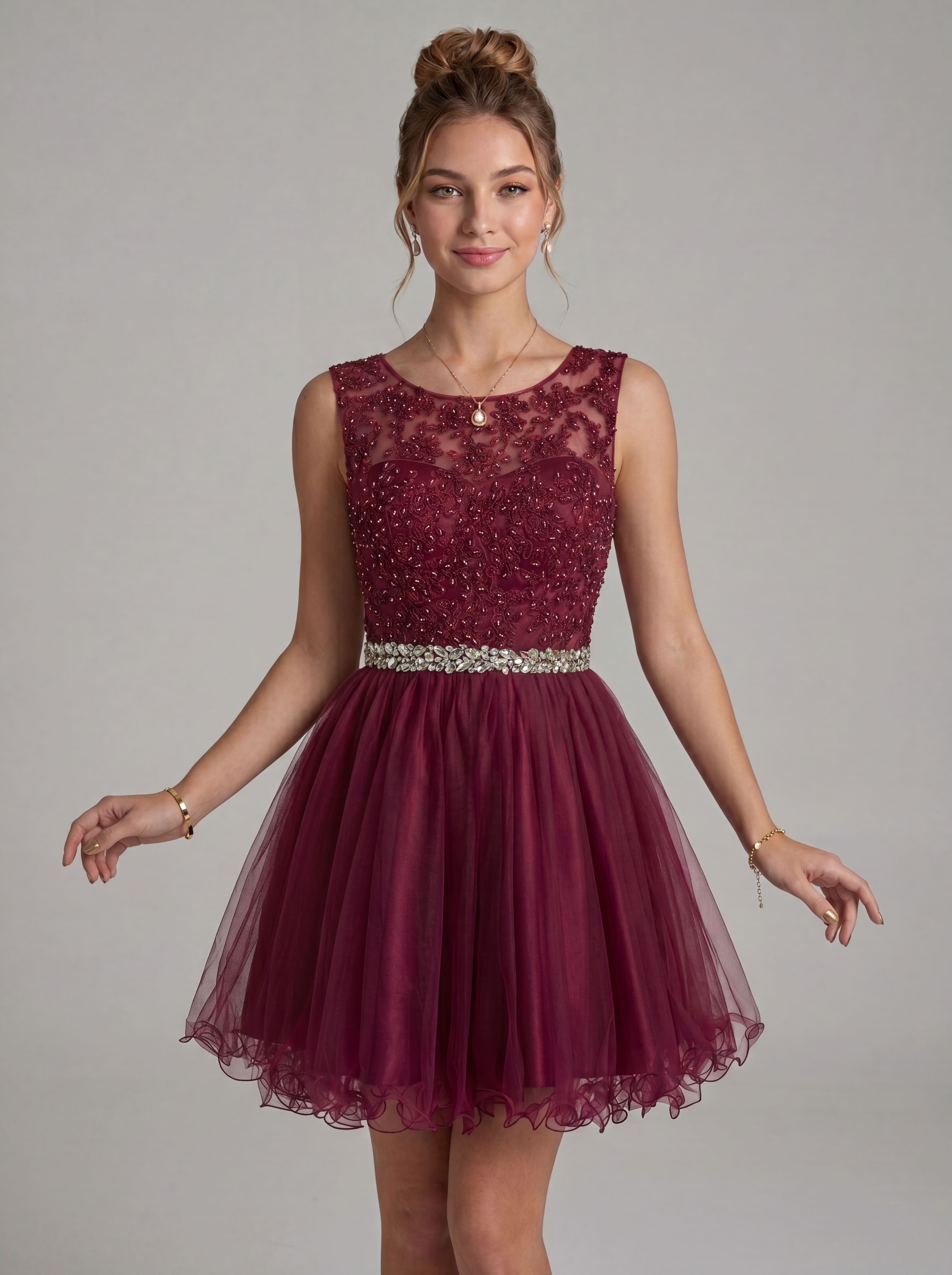 Elegant Burgundy Beaded Tulle Homecoming Dress | Heart Cutout Open Back Short Prom & Cocktail Party Gown